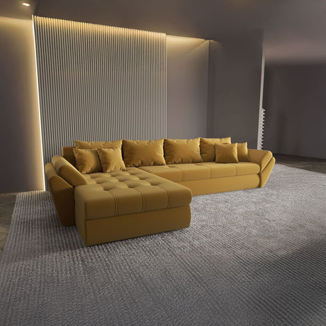 Colțar extensibil dumonde cu ladă de depozitare si sezut confortabil din spuma HR, Loana XL Royal Mustar 335x185 cm Fabrica