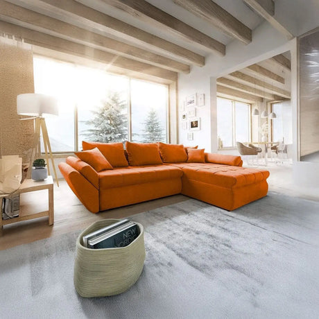 Colțar extensibil dumonde cu ladă de depozitare si sezut confortabil din spuma HR, Loana Orange II 270x185 cm Fabrica