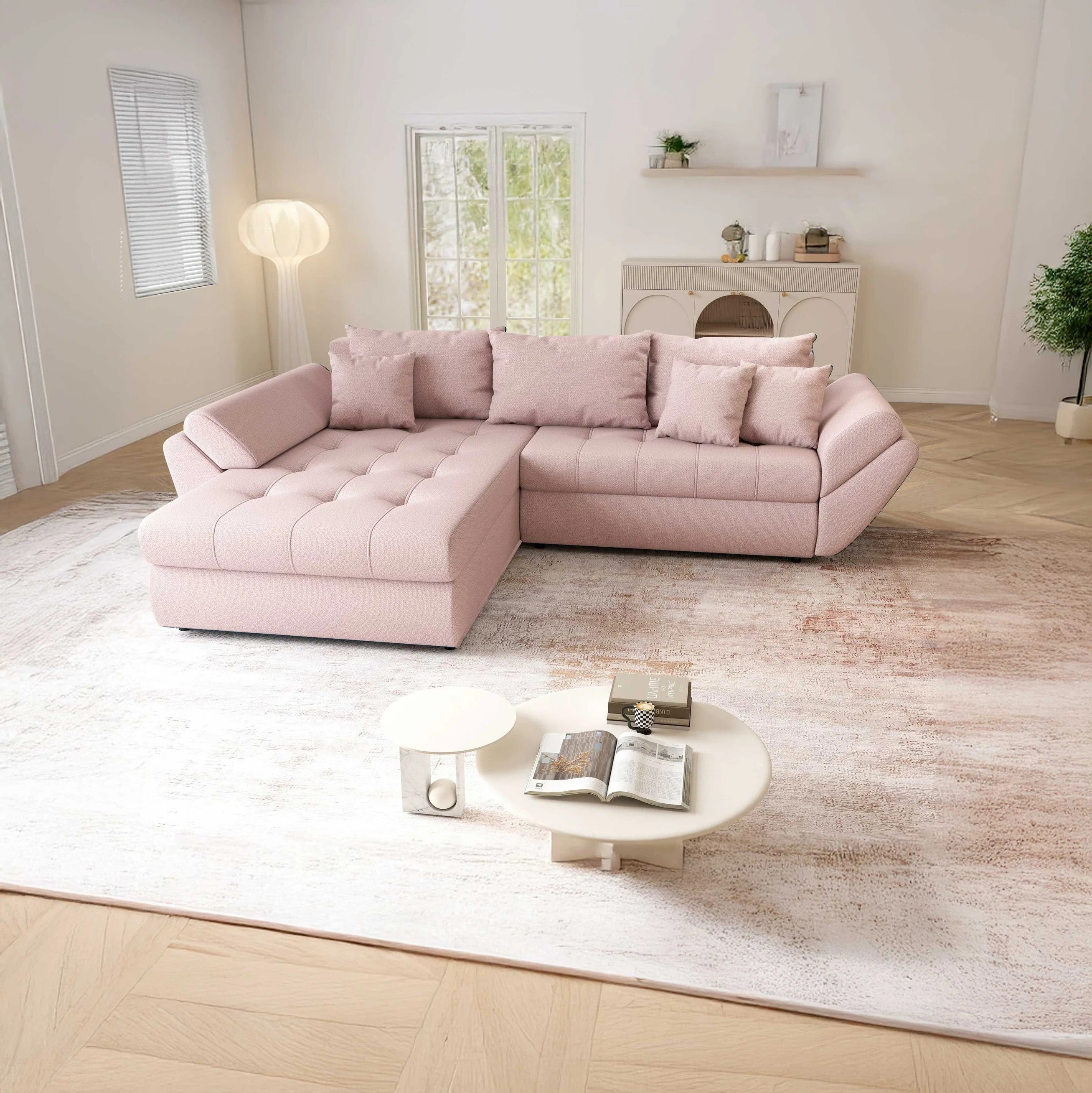 Colțar extensibil dumonde cu ladă de depozitare si sezut confortabil din spuma HR, Loana Roz 270x185 cm Fabrica