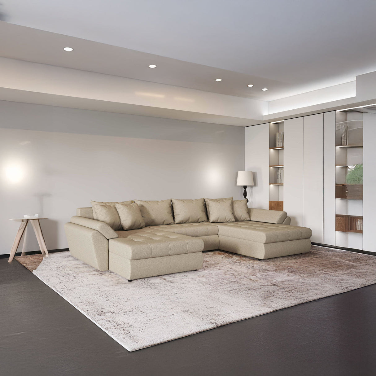 Colțar extensibil dumonde cu ladă de depozitare si sezut confortabil din spuma HR, Loana Bej U 355x185 cm Fabrica