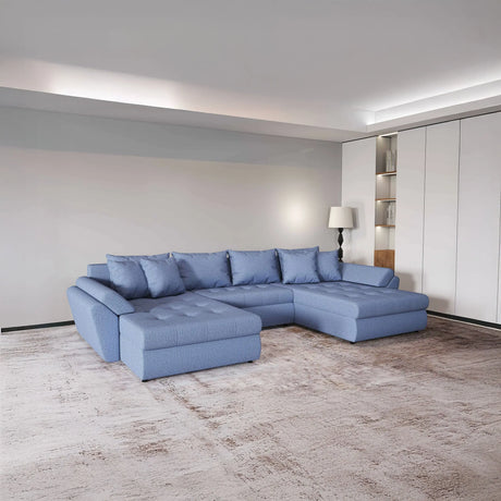Colțar extensibil  dumonde cu ladă de depozitare si sezut confortabil din spuma HR, Loana Blue U 355x185 cm Fabrica