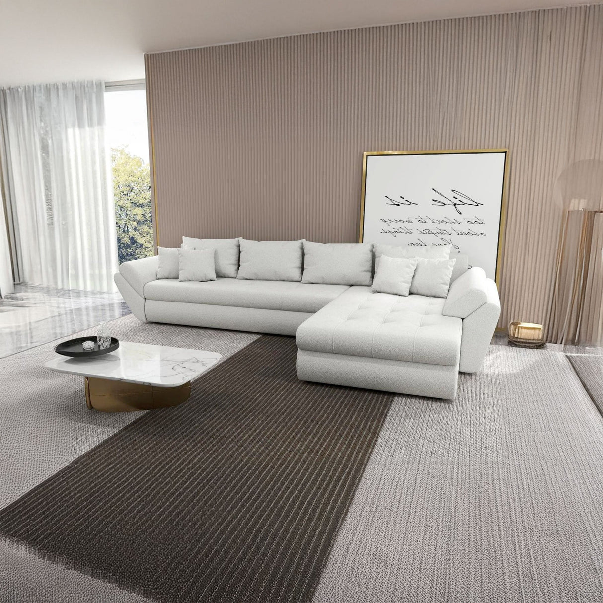 Colțar extensibil dumonde cu ladă de depozitare si sezut confortabil din spuma HR, Loana XL Euphoria Alb II 335x185 cm Fabrica