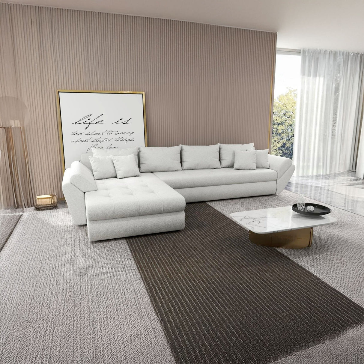 Colțar extensibil dumonde cu ladă de depozitare si sezut confortabil din spuma HR, Loana XL Euphoria Alb 335x185 cm Fabrica