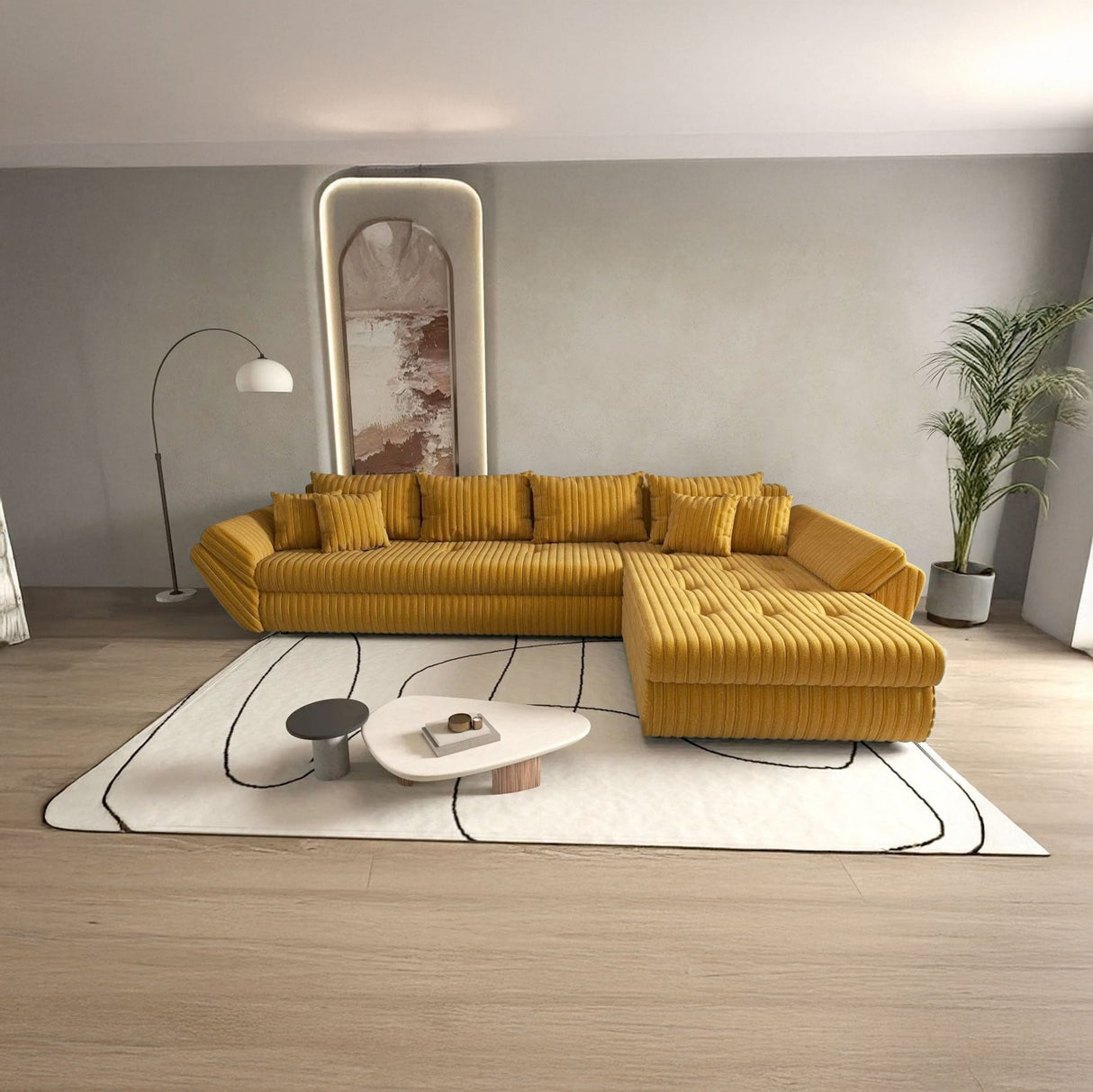 Colțar extensibil dumonde cu ladă de depozitare si sezut confortabil din spuma HR, Loana XL Zoom Mustar II 335x185 cm Fabrica