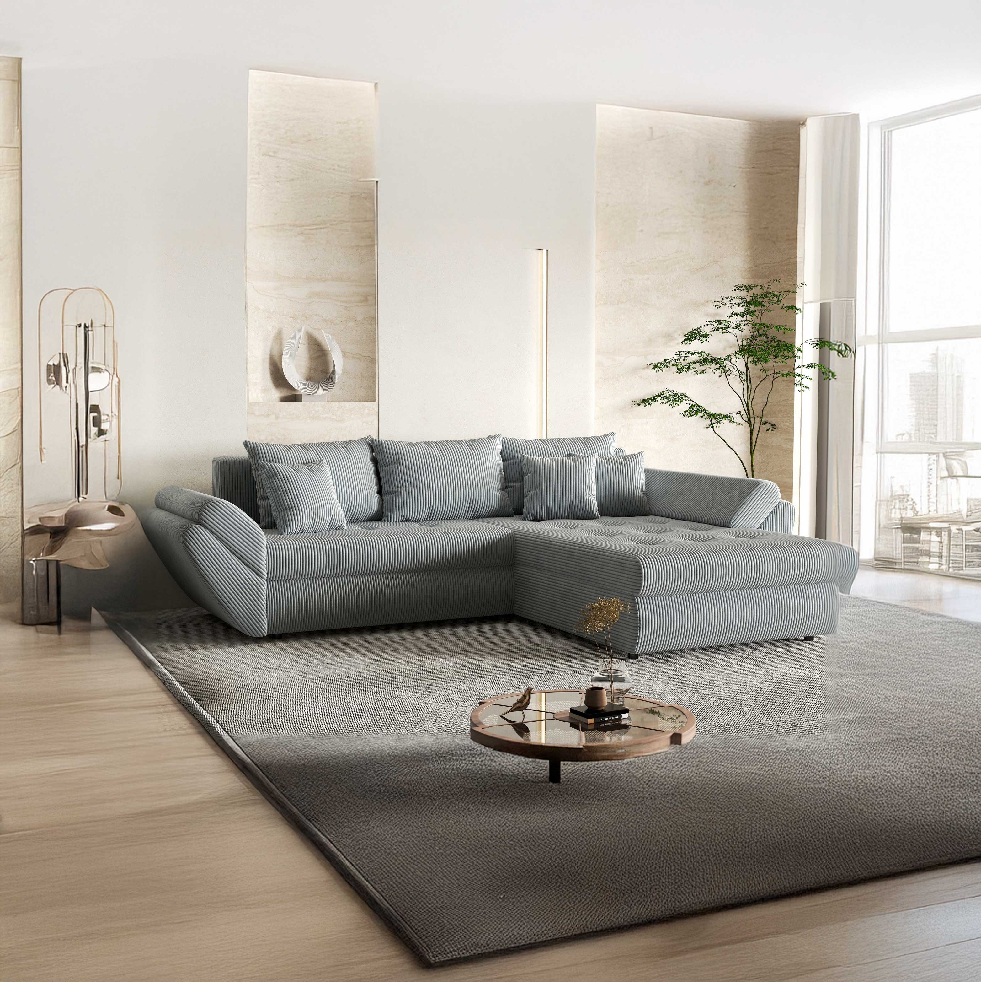 Colțar extensibil dumonde cu ladă de depozitare si sezut confortabil din spuma HR, Loana GREY Zoom II 270x185 cm Fabrica