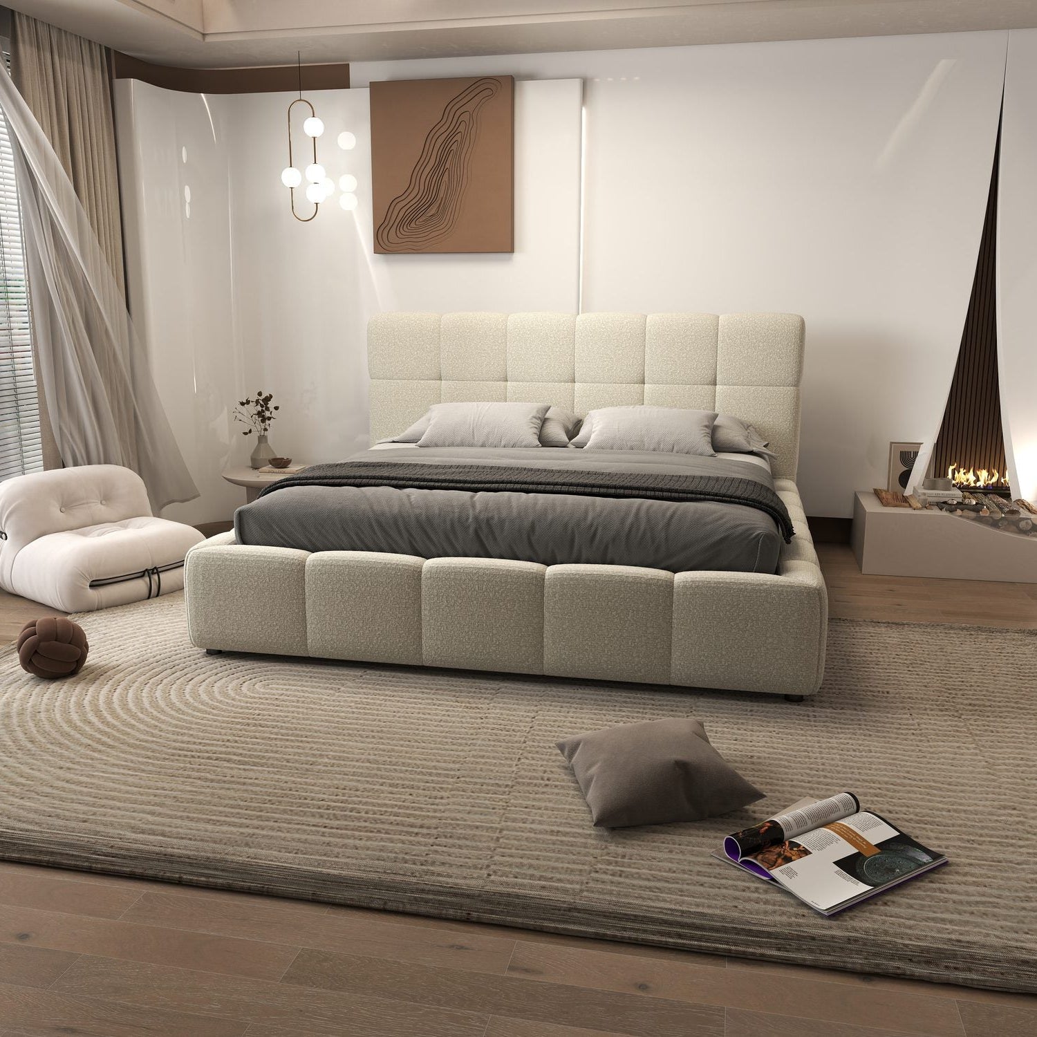 Pat dormitor dumonde, tapitat bej, Lorenzo 140x200 cm, somiera rabatabila inclusa, spatiu depozitare