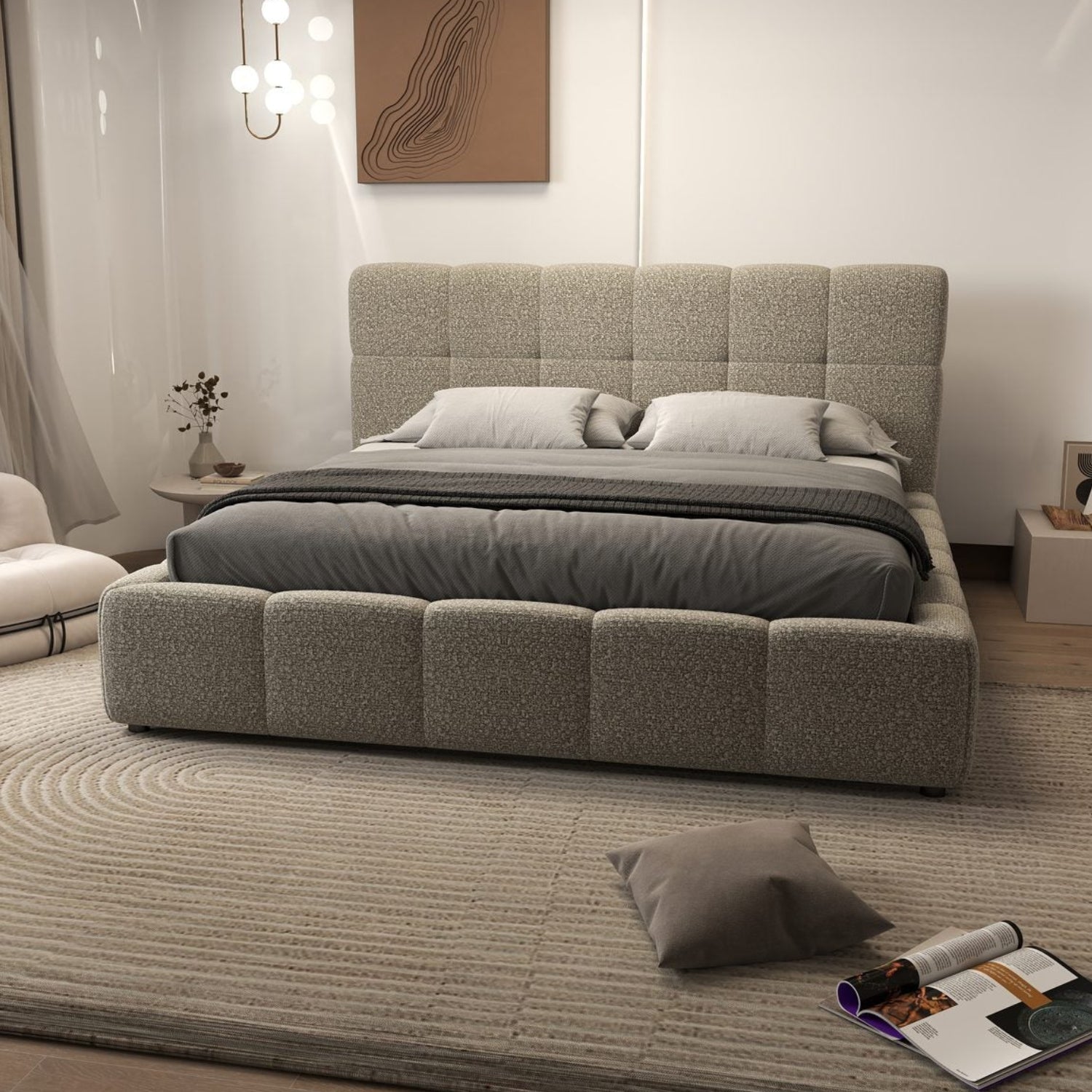 Pat dormitor dumonde, tapitat bej, Lorenzo 140x200 cm, somiera rabatabila inclusa, spatiu depozitare