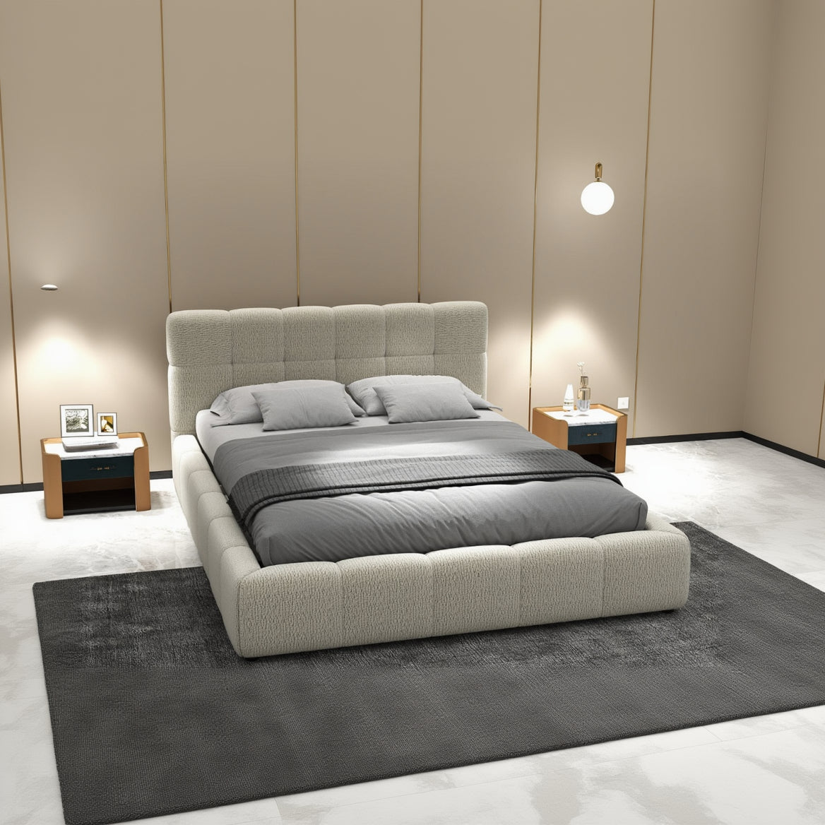 Pat dormitor dumonde, tapitat bej, Lorenzo 160x200 cm, somiera rabatabila inclusa, spatiu depozitare