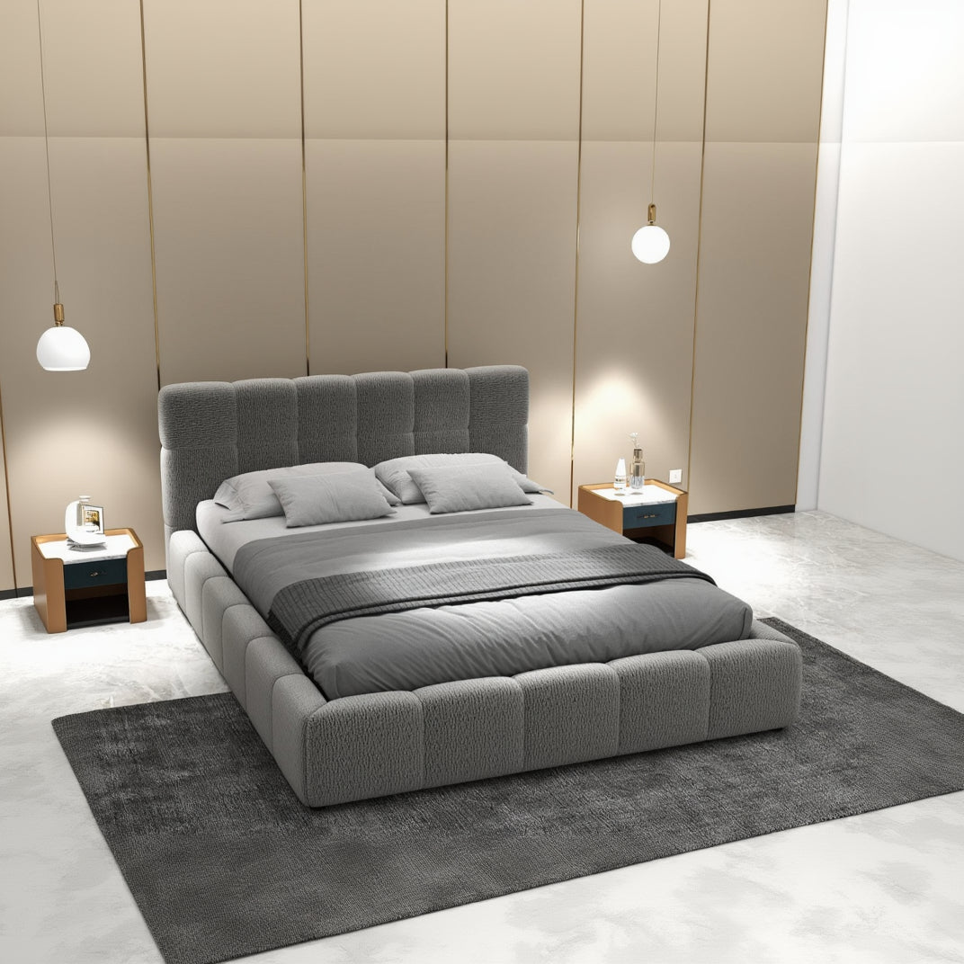 Pat dormitor dumonde, tapitat gri, Lorenzo 160x200 cm, somiera rabatabila inclusa, spatiu depozitare