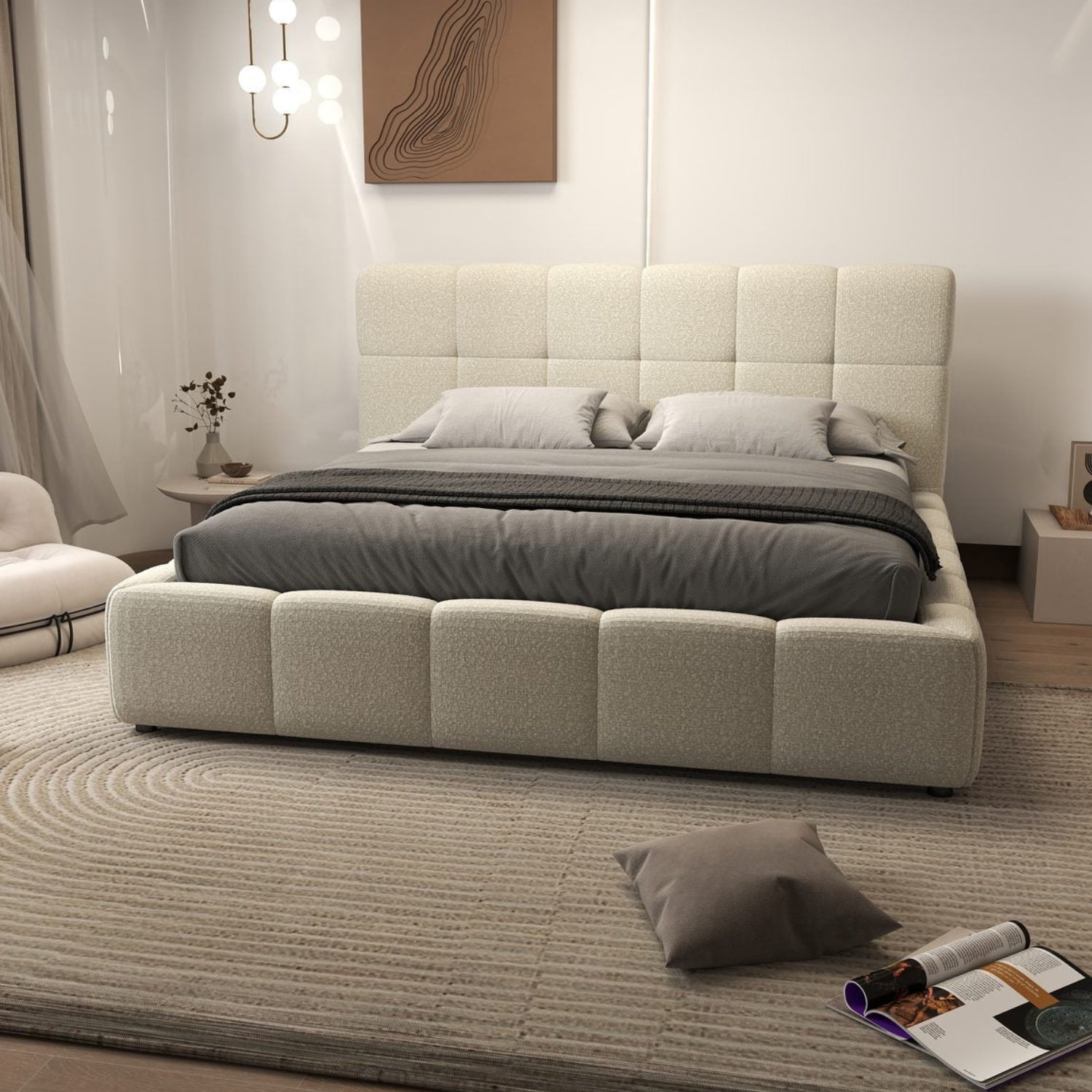 Pat dormitor dumonde, tapitat beige, Lorenzo 160x200 cm, somiera rabatabila inclusa, spatiu depozitare