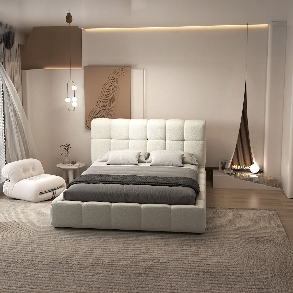 Pat dormitor dumonde, tapitat Alb, Lorenzo 160x200 cm, somiera rabatabila inclusa, spatiu depozitare