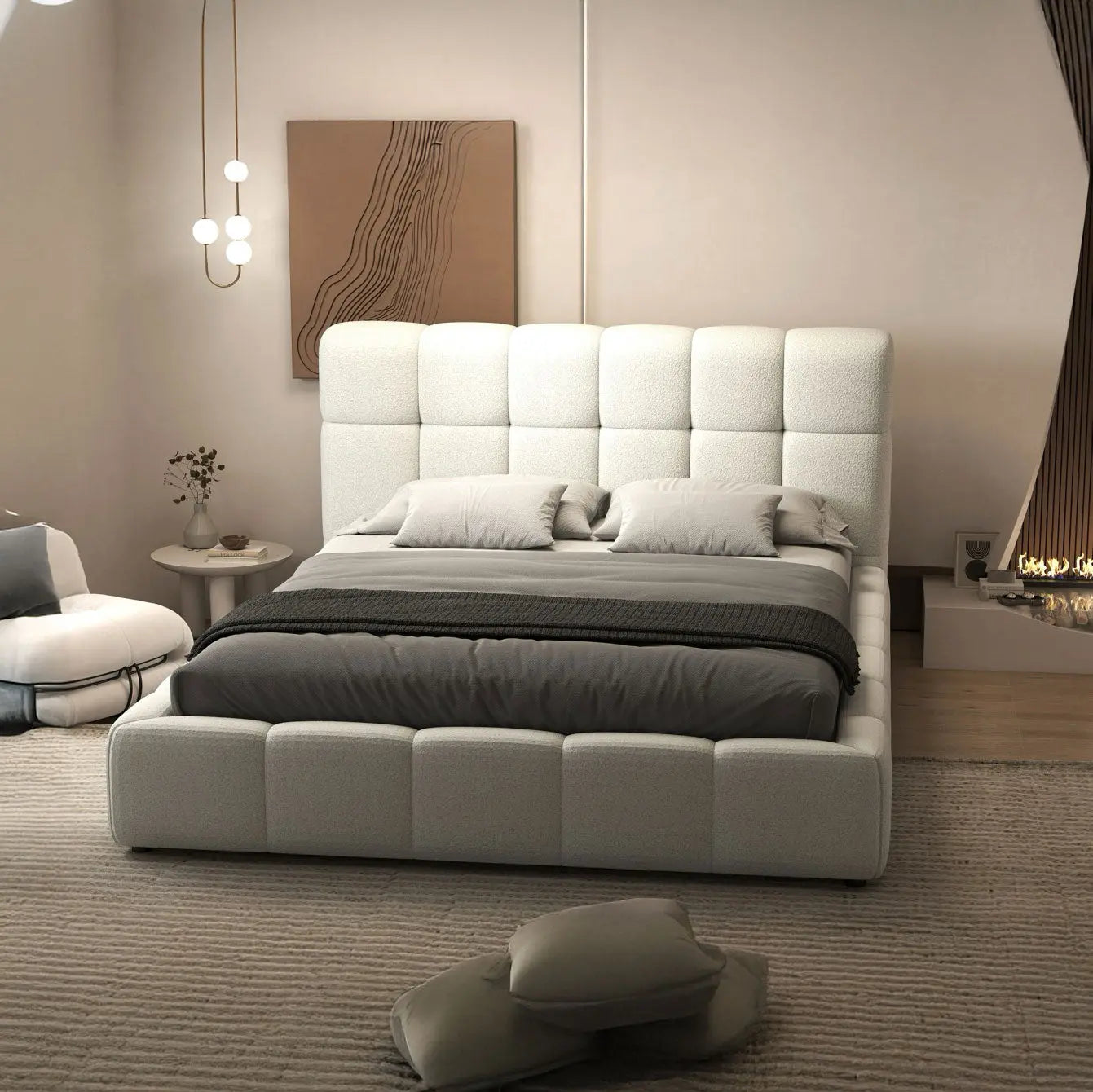 Pat dormitor dumonde, tapitat alb, Lorenzo 180x200 cm, somiera rabatabila inclusa, spatiu depozitare WLS