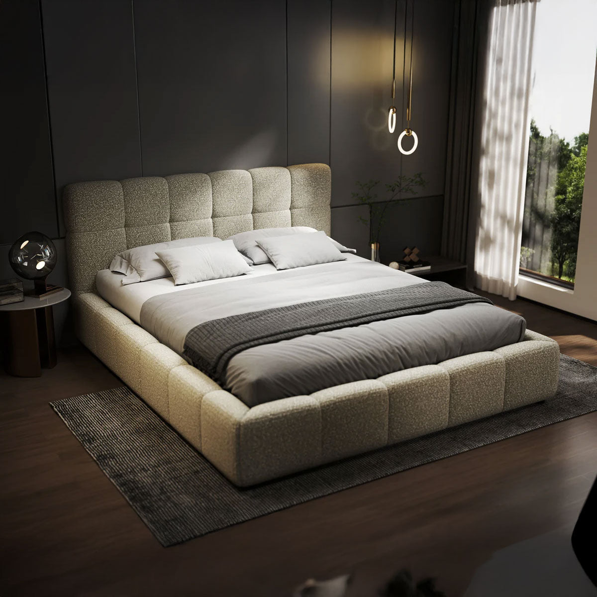 Pat dormitor dumonde, tapitat bej, Lorenzo 180x200 cm, somiera rabatabila inclusa, spatiu depozitare