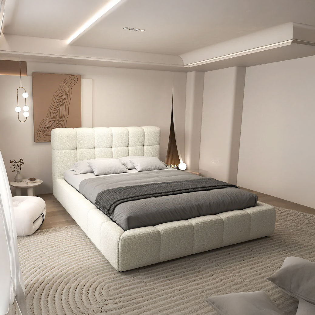 Pat dormitor dumonde, tapitat bej, Lorenzo 160x200 cm, somiera rabatabila inclusa, spatiu depozitare