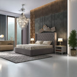 Pat dormitor dumonde, tapitat gri, Luxury 160x200 cm, somiera rabatabila inclusa, spatiu depozitare