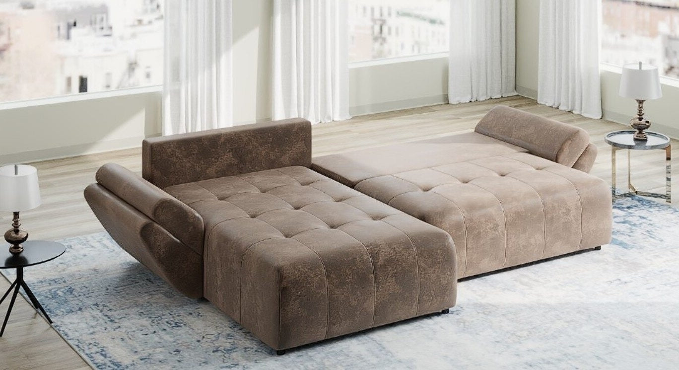 Colțar extensibil dumonde cu ladă de depozitare si sezut confortabil din spuma HR, Berlin Madagaskar Maro 280x185 cm