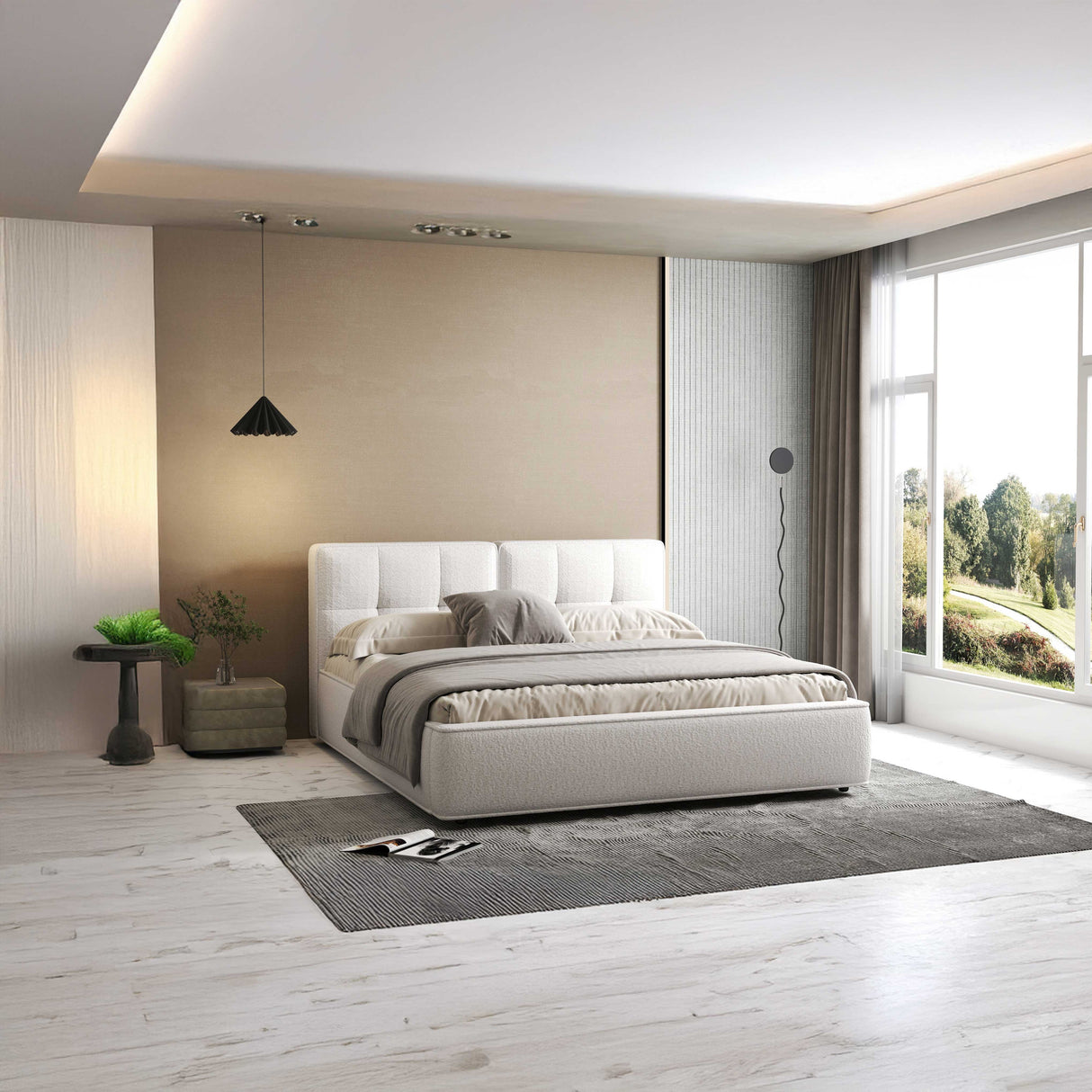 Pat dormitor dumonde, tapitat alb Madrid 180x200 cm, somiera rabatabila inclusa, spatiu depozitare WLS