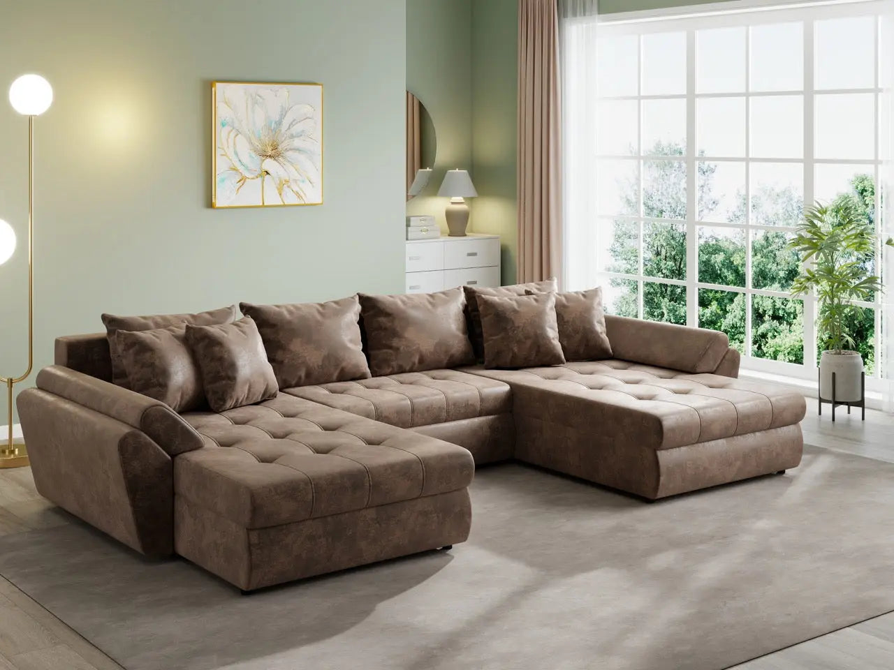 Colțar extensibil dumonde cu ladă de depozitare si sezut confortabil din spuma HR, Loana U Brown 355x185 cm Fabrica