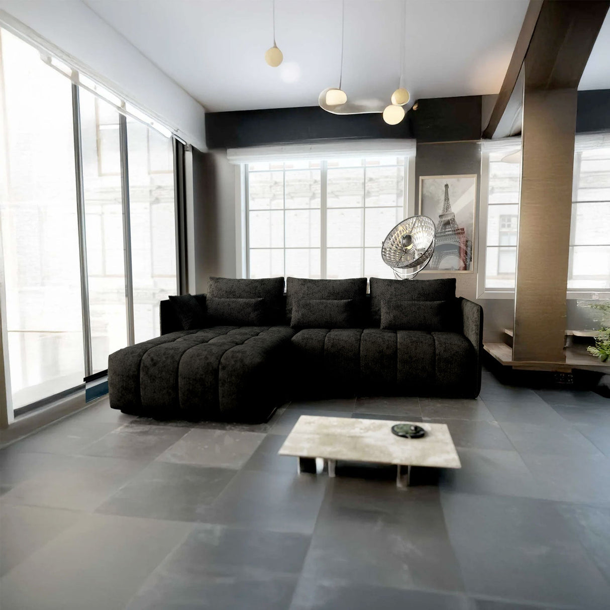 Colțar extensibil dumonde cu ladă de depozitare si sezut confortabil din spuma HR, Malta Black 235x185 cm