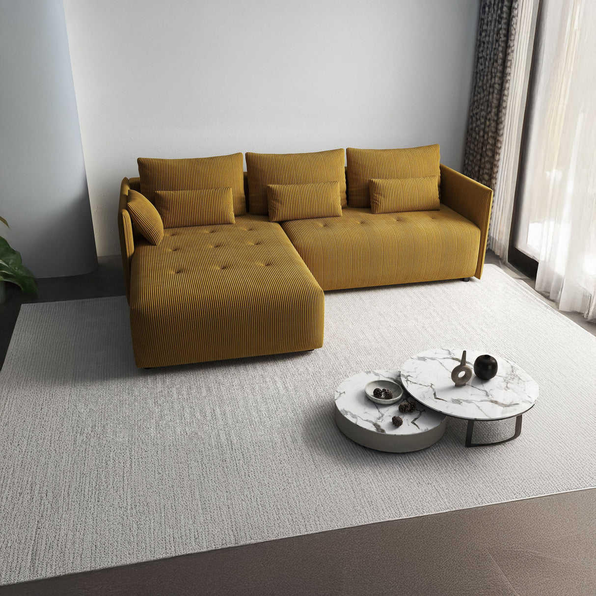 Colțar extensibil dumonde cu ladă de depozitare si sezut confortabil din spuma HR, Malta Zoom Mustar II 235x185 cm