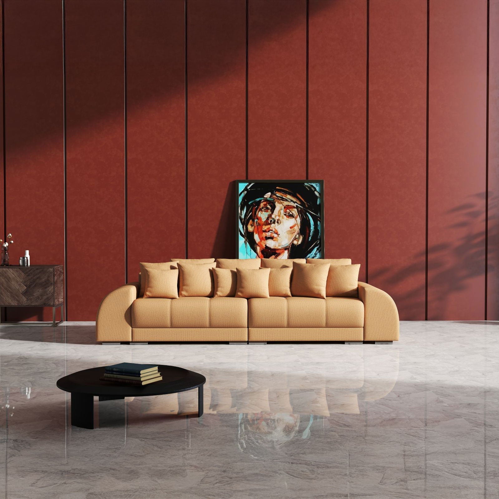 Canapea extensibilă dumonde cu 2 lăzi de depozitare si sezut confortabil din spuma HR, Big Sofa Verona Enjoy Lux Mango 310x100 cm Fabrica