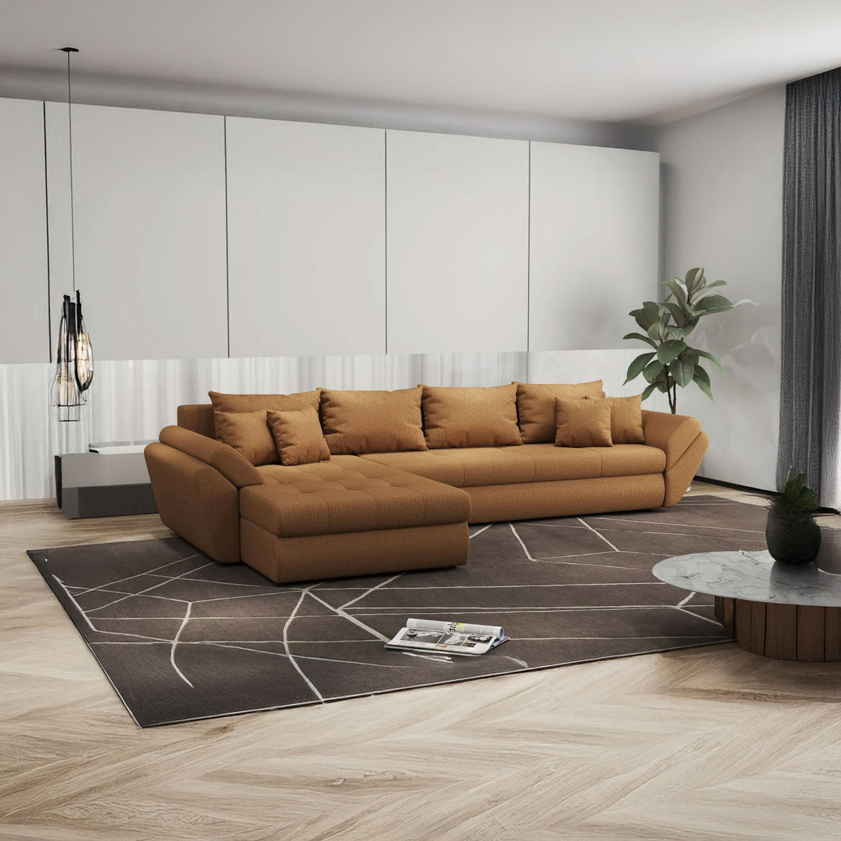 Colțar extensibil dumonde cu ladă de depozitare si sezut confortabil din spuma HR, Loana XL Enjoy Mango 335x185 cm Fabrica