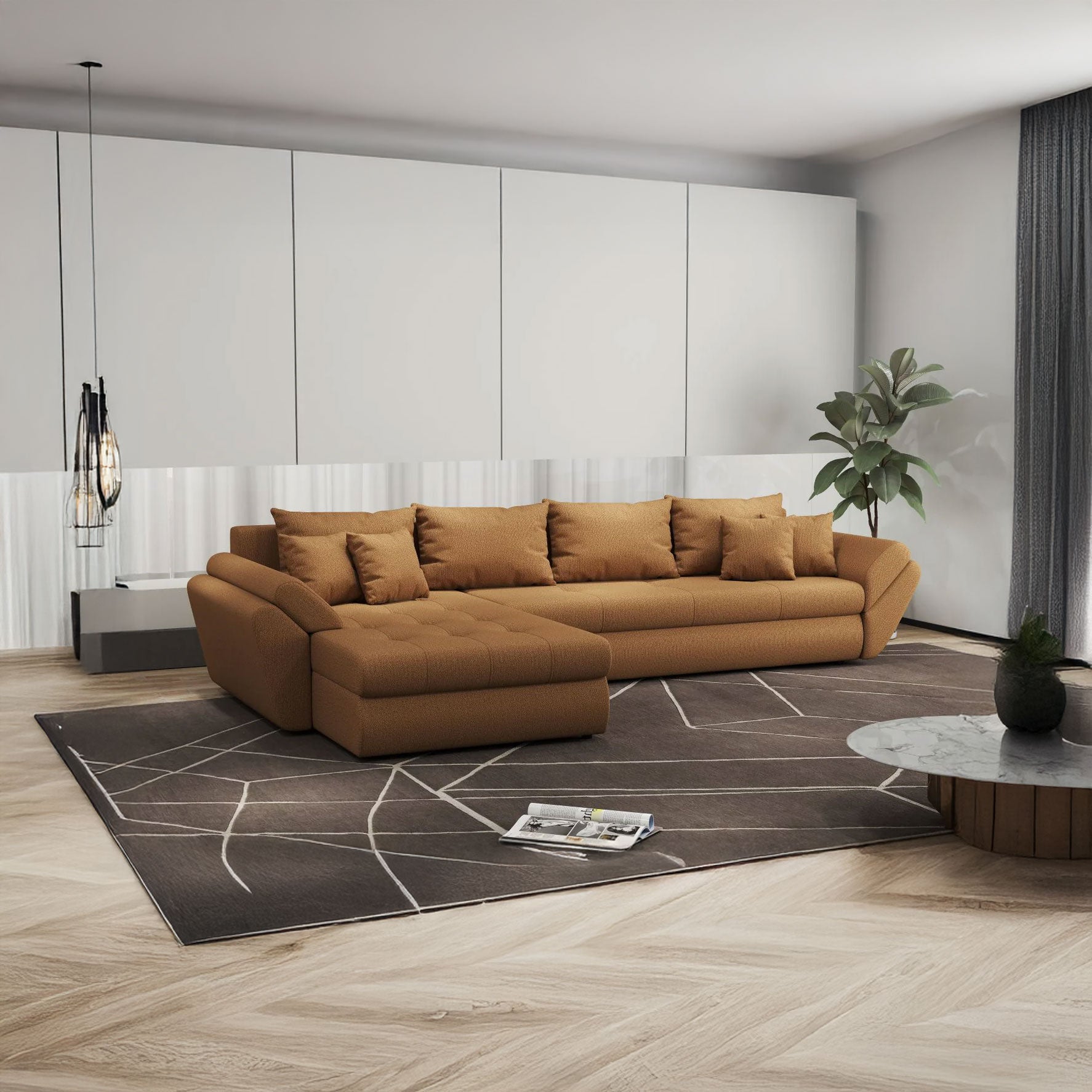 Colțar extensibil dumonde cu ladă de depozitare si sezut confortabil din spuma HR, Loana XL Enjoy Mango 335x185 cm Fabrica