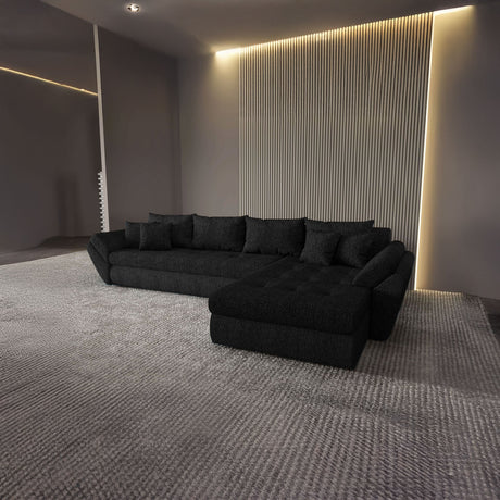 Colțar extensibil dumonde cu ladă de depozitare si sezut confortabil din spuma HR, Loana XL Enjoy Negru II 335x185 cm Fabrica