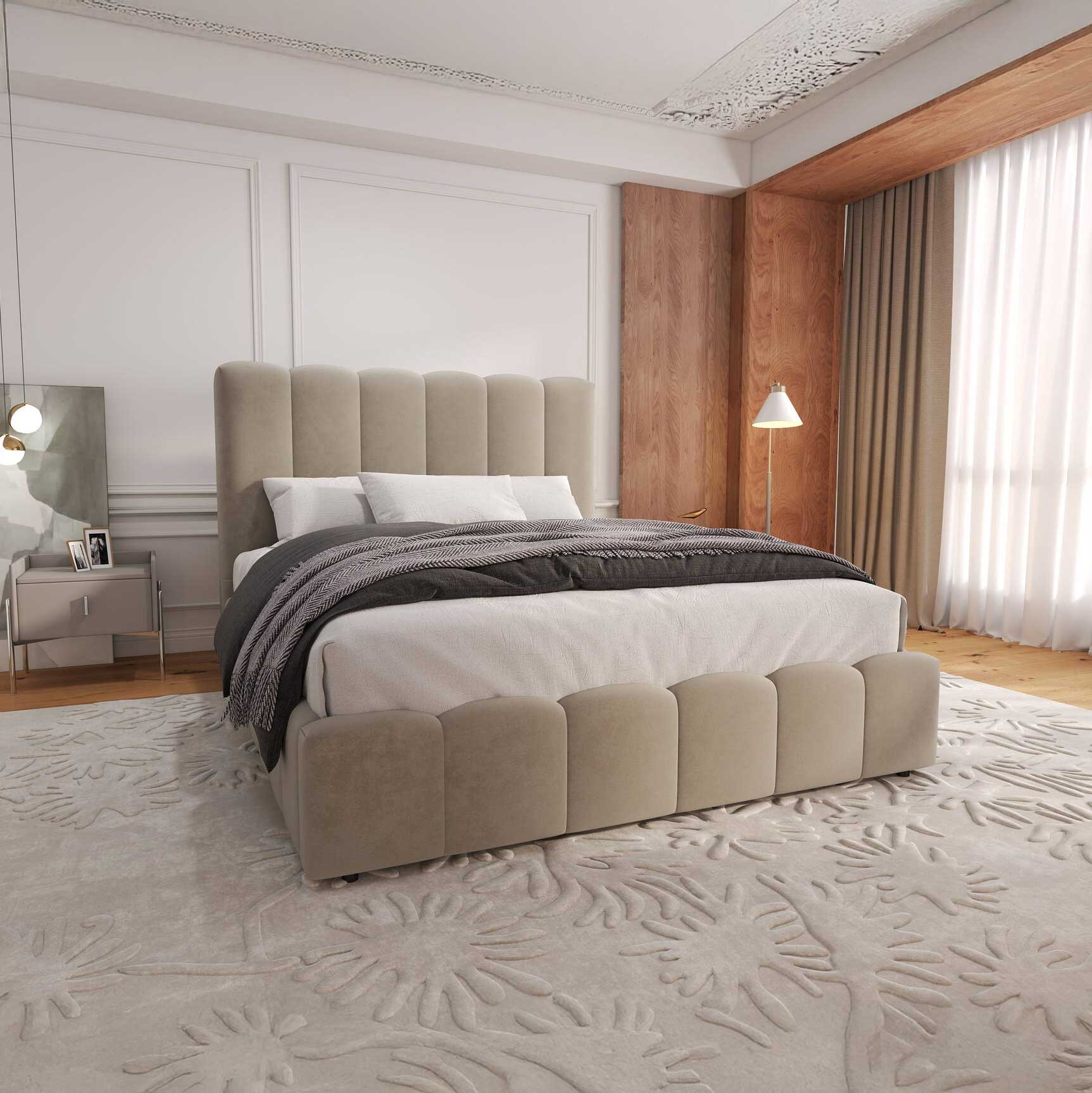 Pat dormitor dumonde, tapitat bej, Milano 180X200 cm, somiera rabatabila inclusa, spatiu depozitare