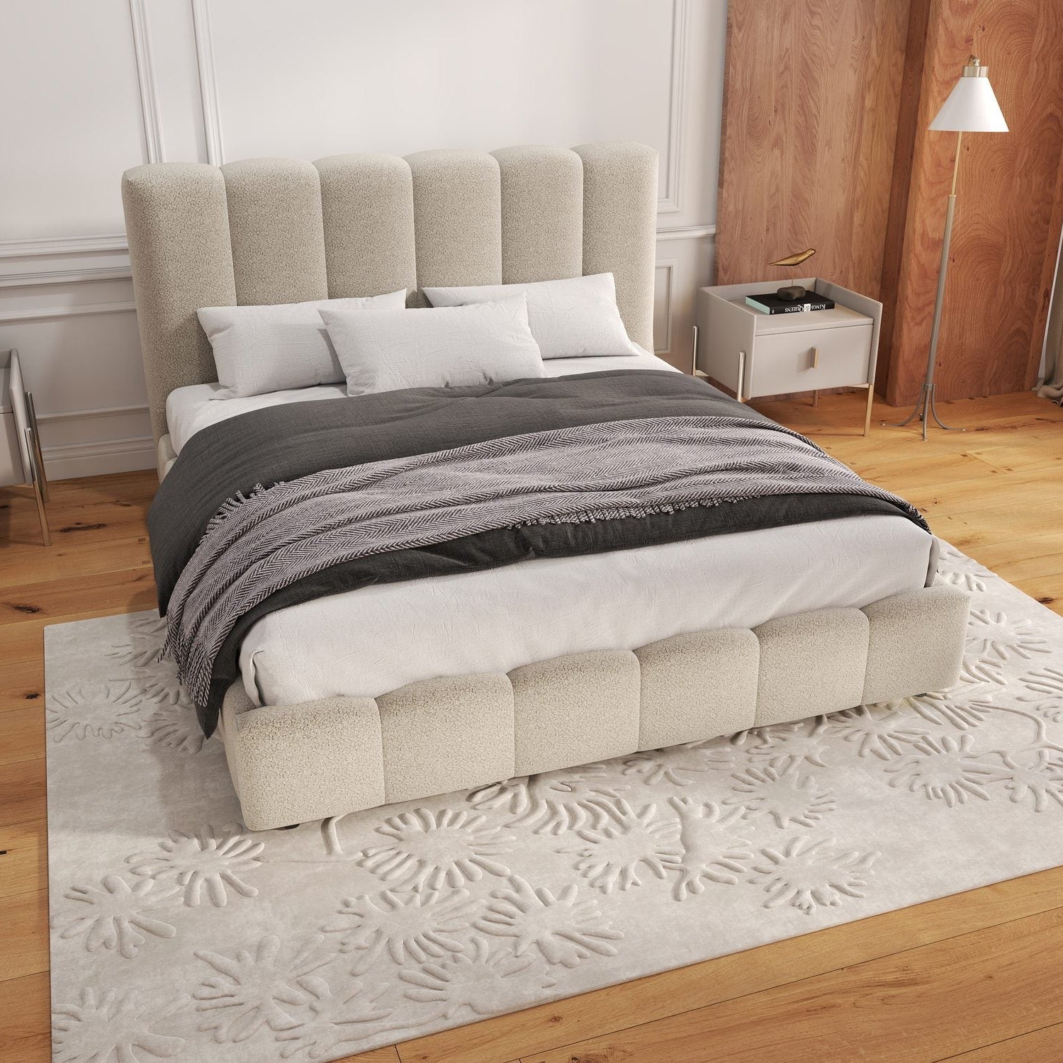 Pat dormitor dumonde, tapitat bej, Milano 160x200 cm, somiera rabatabila inclusa, spatiu depozitare