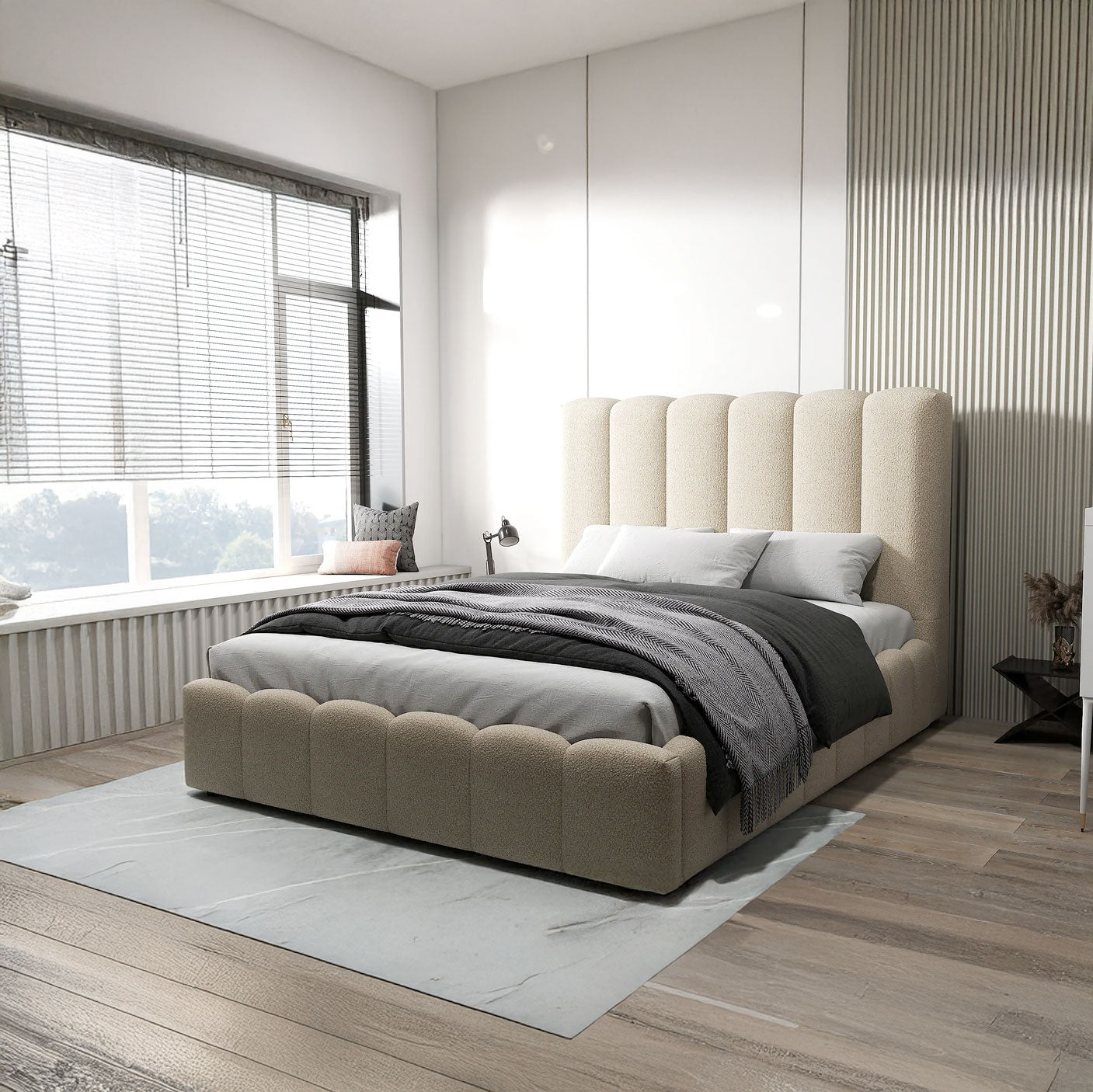 Pat dormitor dumonde, tapitat bej, Milano 180x200 cm, somiera rabatabila inclusa, spatiu depozitare