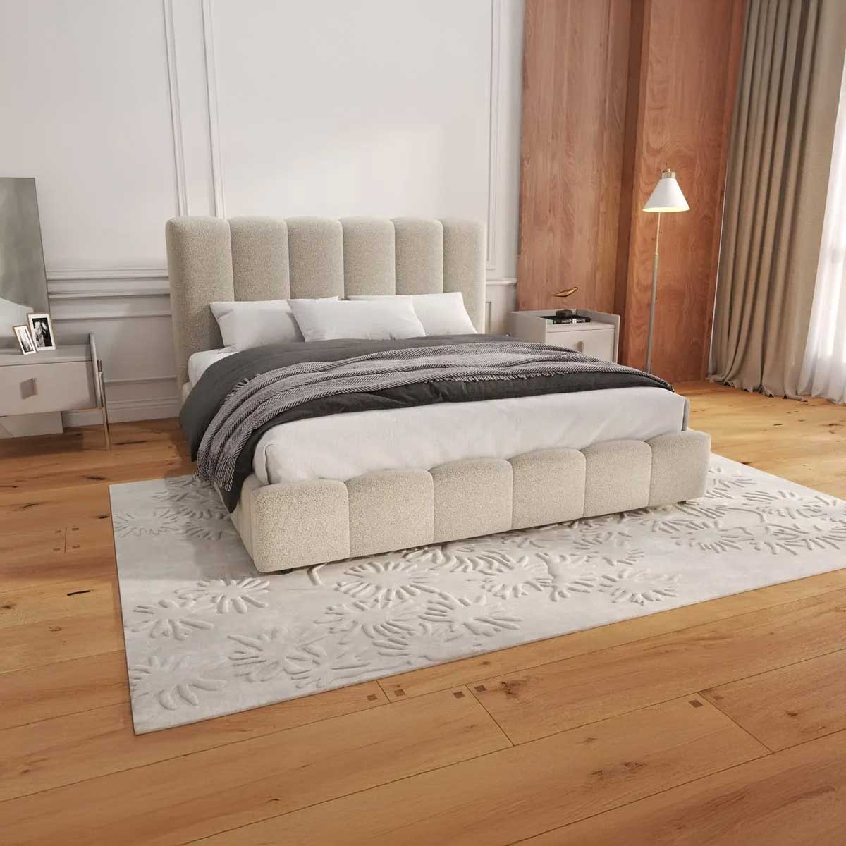 Pat dormitor dumonde, tapitat bej, Milano 180x200 cm, somiera rabatabila inclusa, spatiu depozitare