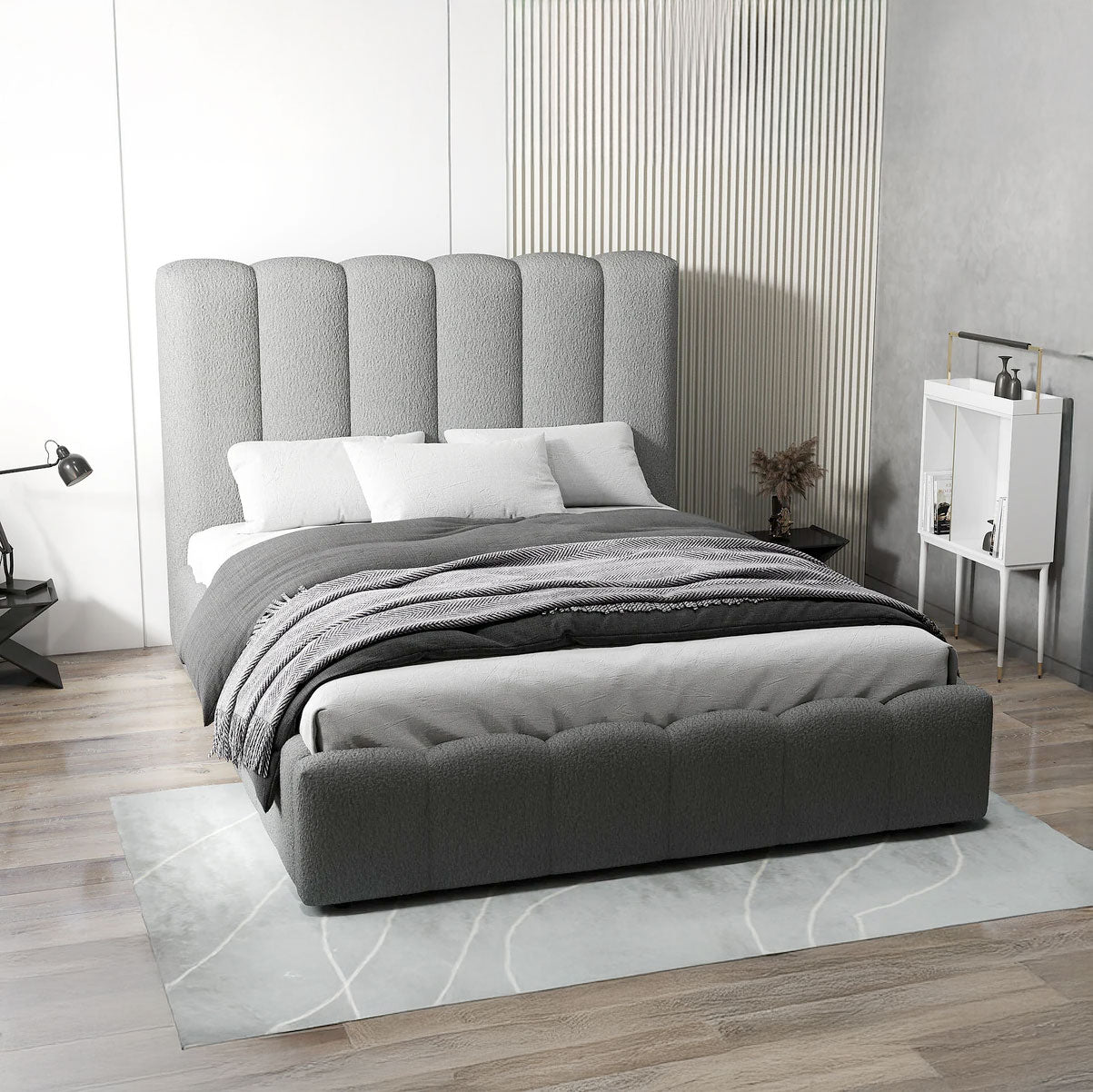 Pat dormitor dumonde, tapitat gri, Milano 160x200 cm, somiera rabatabila inclusa, spatiu depozitare