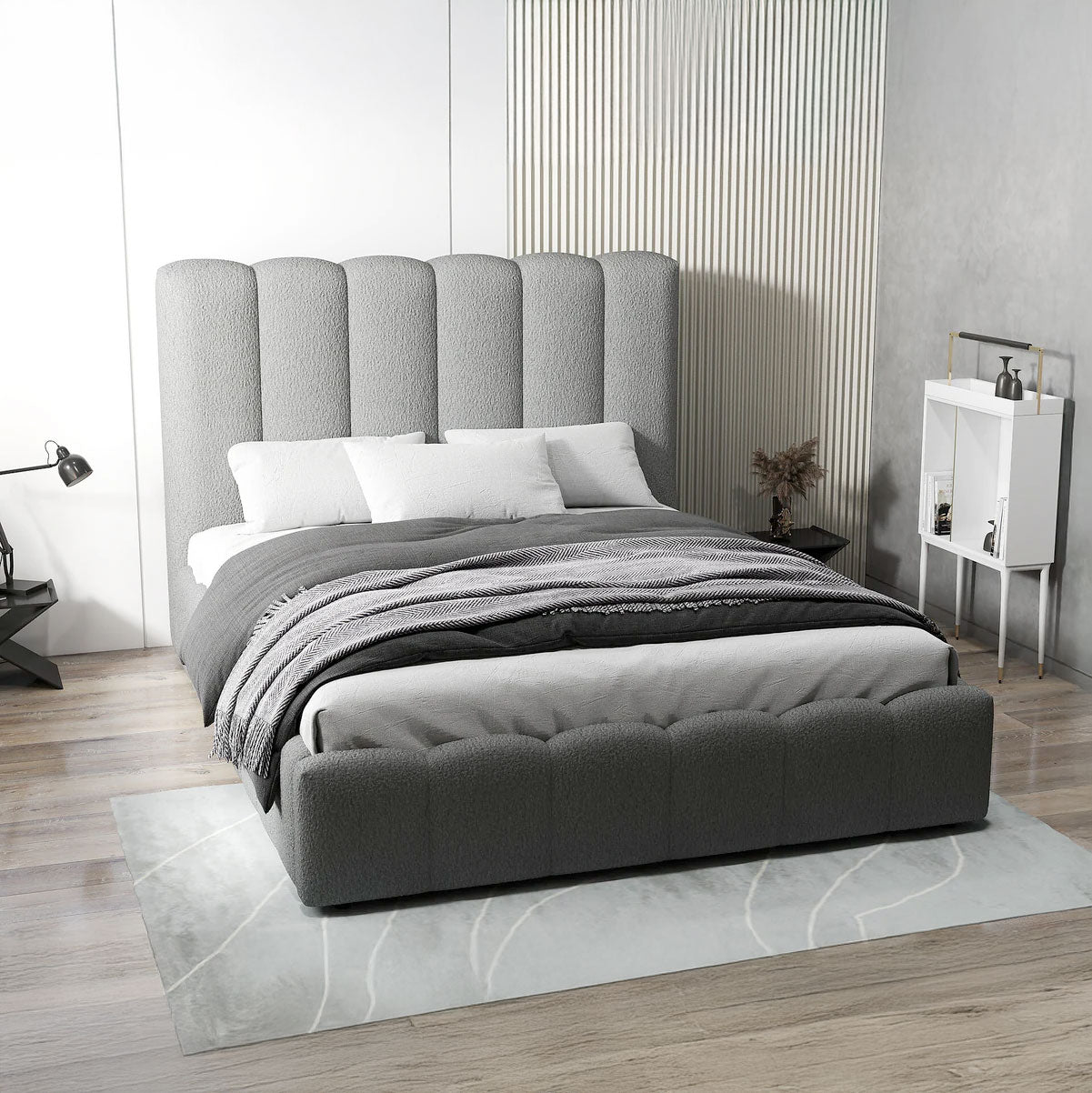 Pat dormitor dumonde, tapitat gri, Milano 140x200 cm, somiera rabatabila inclusa, spatiu depozitare