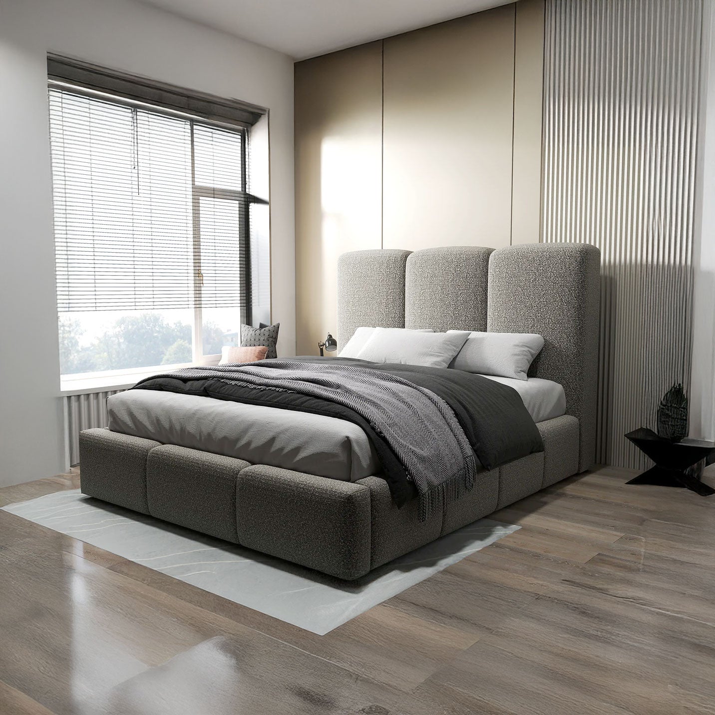 Pat dormitor dumonde, tapitat gri, Dinasty 160x200 cm, somiera rabatabila inclusa, spatiu depozitare