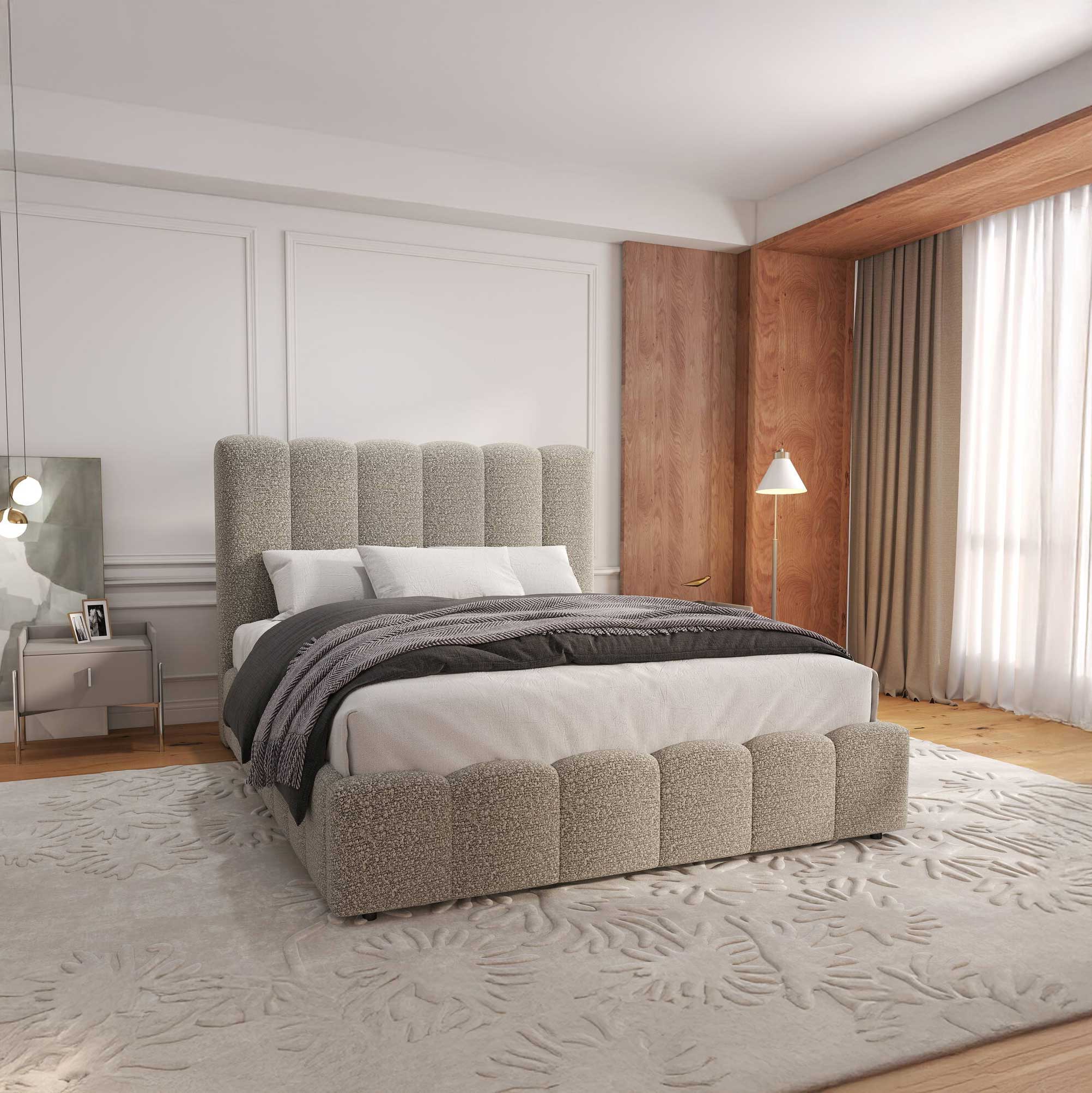 Pat dormitor dumonde, tapitat bej, Milano 160x200 cm, somiera rabatabila inclusa, spatiu depozitare
