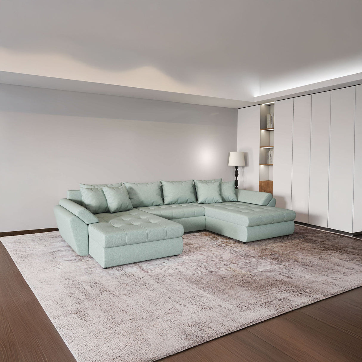 Colțar extensibil dumonde cu ladă de depozitare si sezut confortabil din spuma HR, Loana Enjoy Verde Mint U 355x185 cm Fabrica