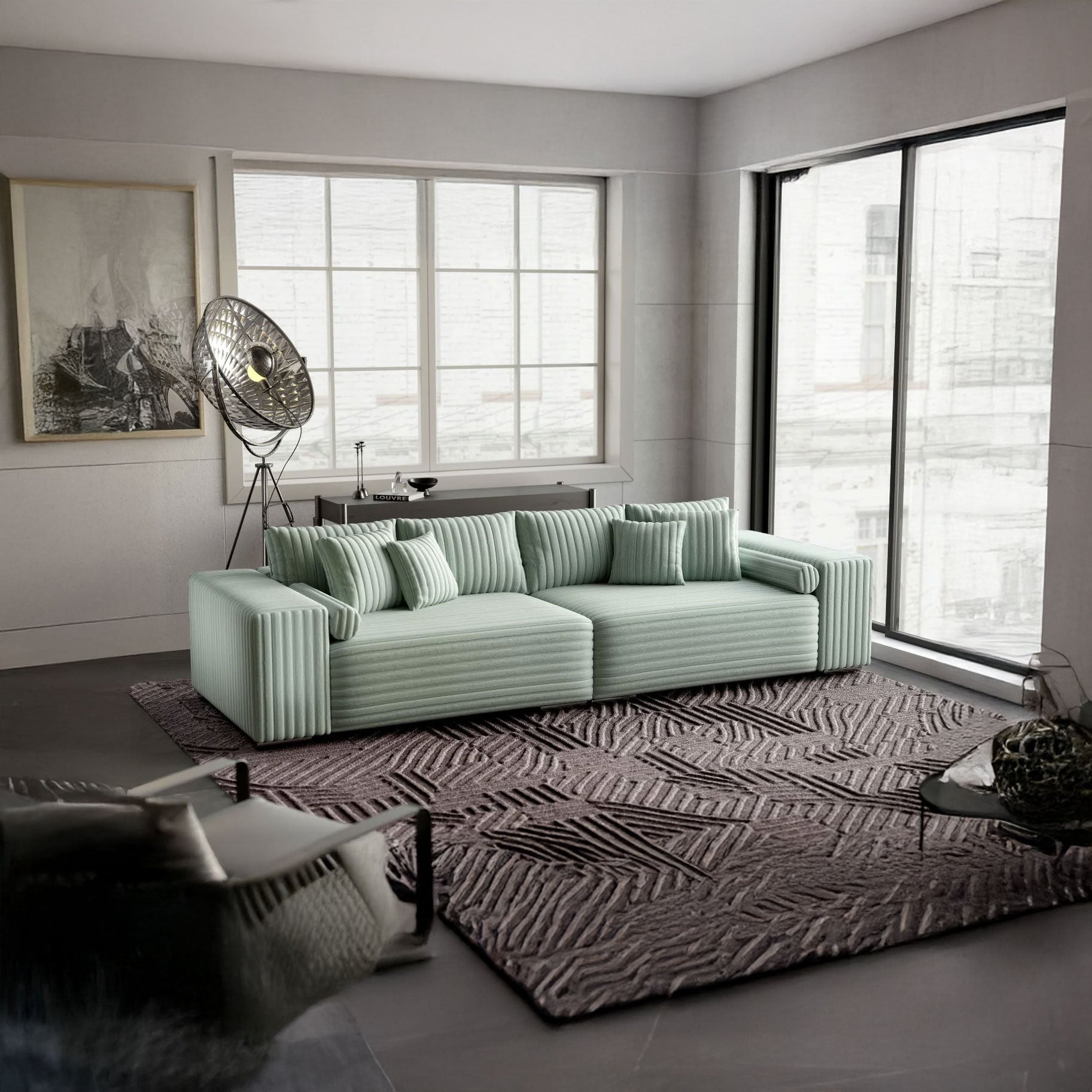 Canapea extensibilă dumonde cu ladă de depozitare si sezut confortabil din spuma HR, Marbela Ambience Light Green XXL 295x100 cm fabrica