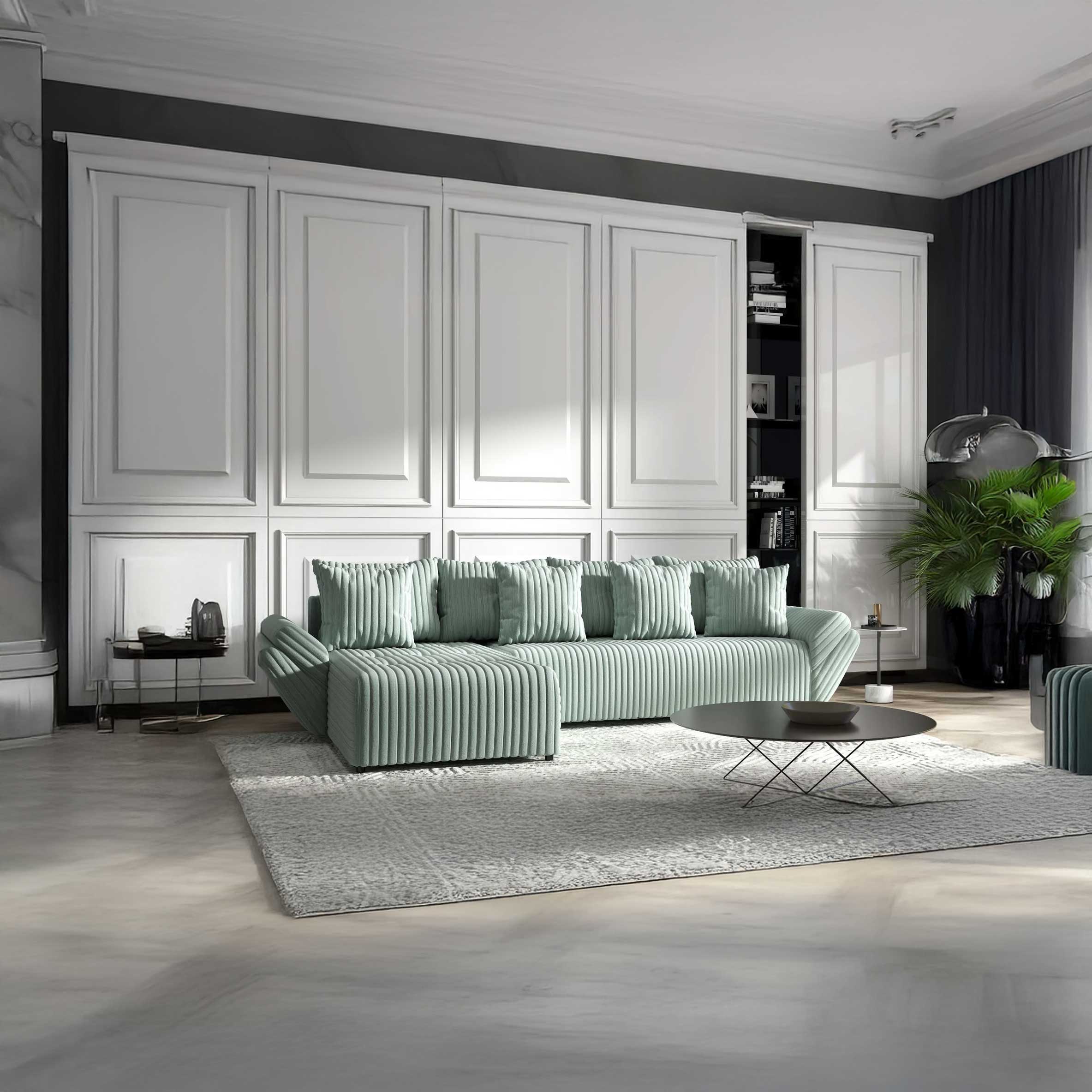 Colțar extensibil dumonde cu ladă de depozitare si sezut confortabil din spuma HR, Berlin XL Ambience Mint 350x185 cm Fabrica