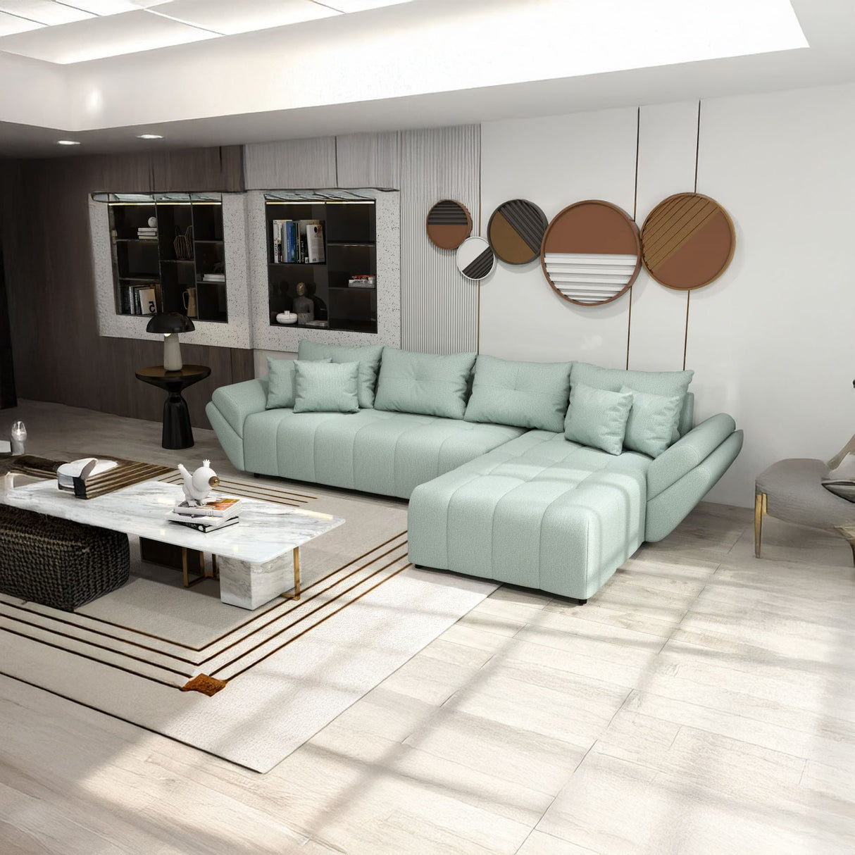 Colțar extensibil dumonde cu ladă de depozitare si sezut confortabil din spuma HR, Berlin XL Enjoy Lux Mint 350x185 cm II