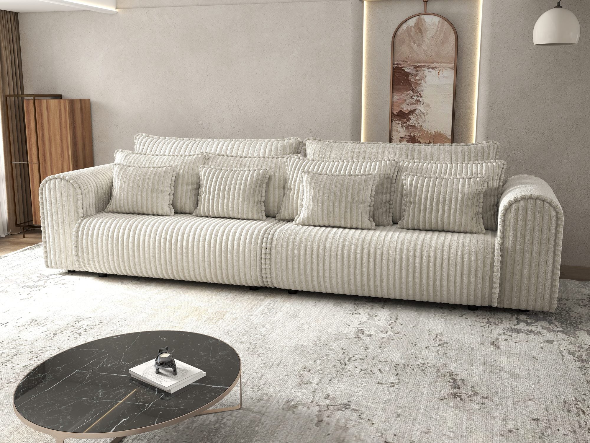 Canapea extensibilă dumonde cu ladă de depozitare si sezut confortabil din spuma high-density, Monaco Tilia Bej 01 300x130 cm