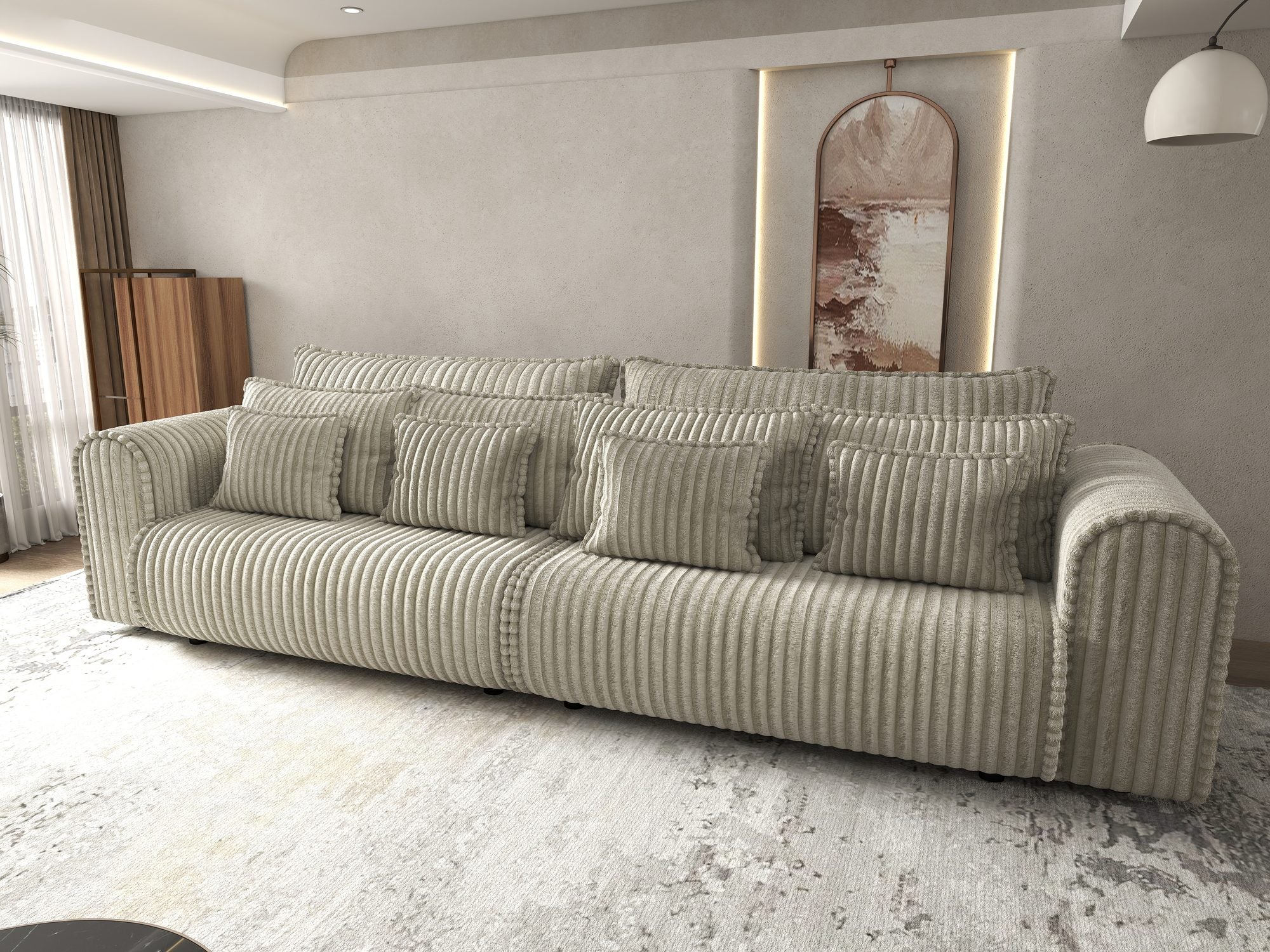 Canapea extensibilă dumonde cu ladă de depozitare si sezut confortabil din spuma high-density, Monaco Tilia Bej Inchis 300x130 cm