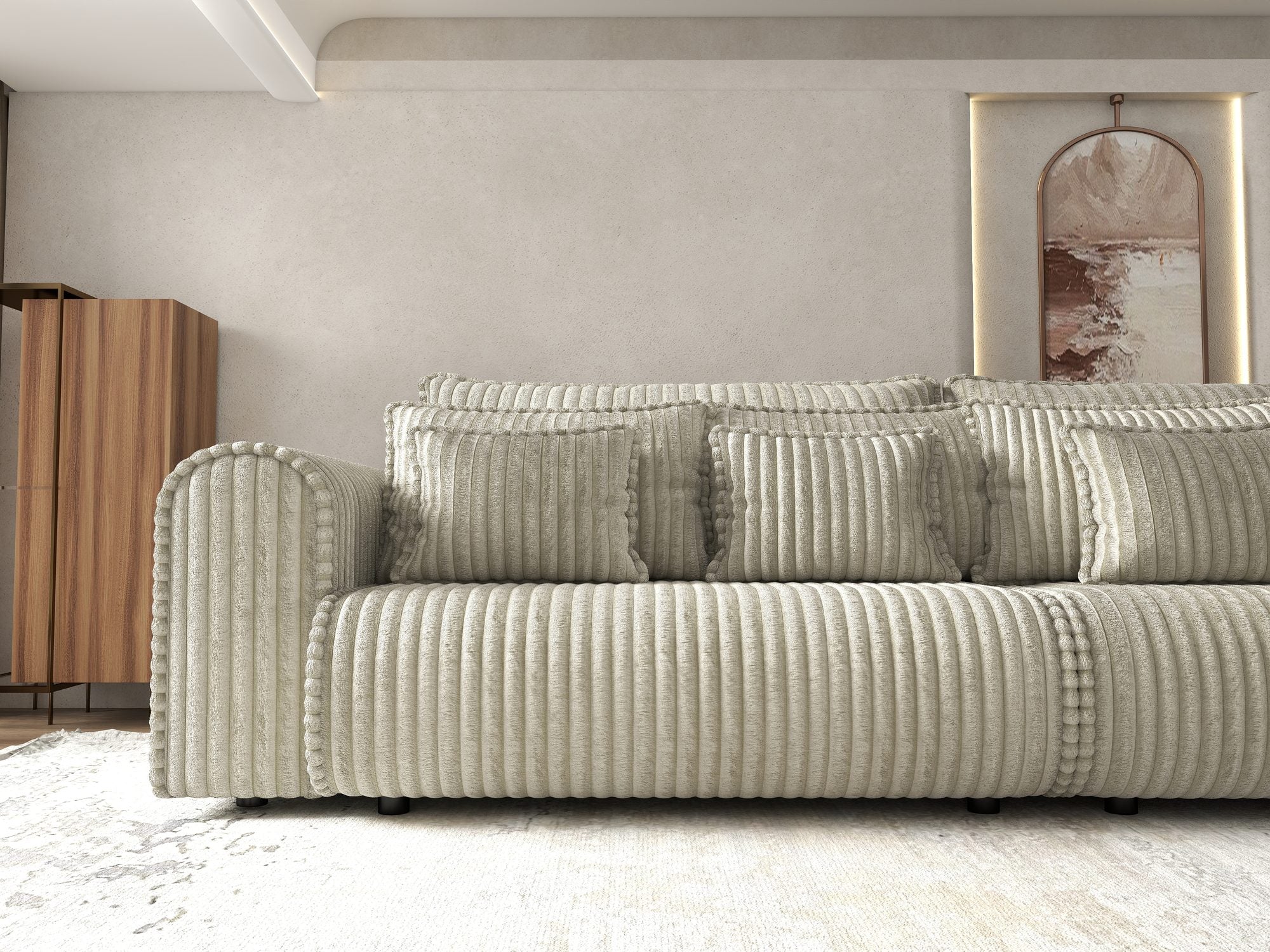 Canapea extensibilă dumonde cu ladă de depozitare si sezut confortabil din spuma high-density, Monaco Tilia Bej Inchis 300x130 cm