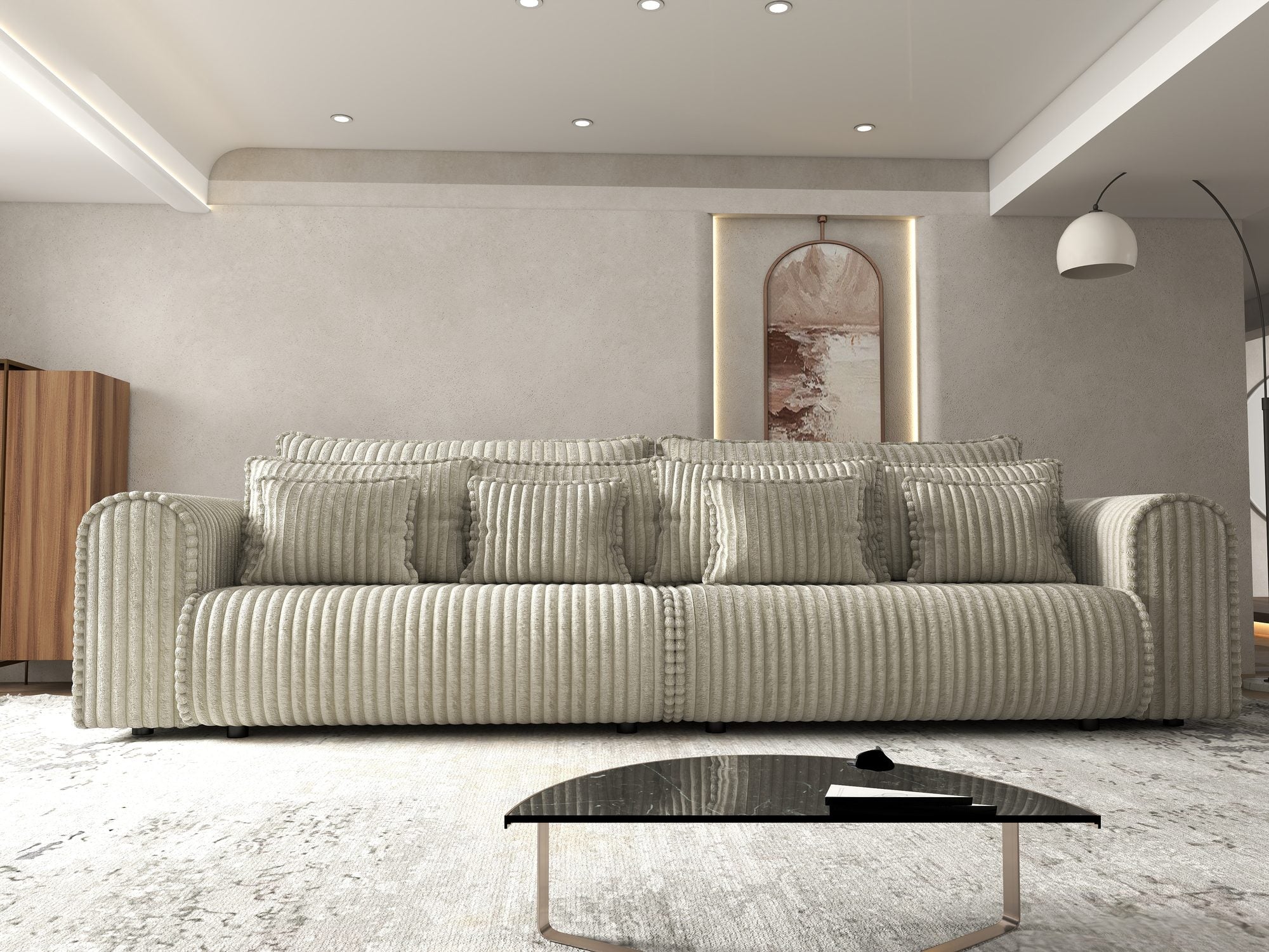 Canapea extensibilă dumonde cu ladă de depozitare si sezut confortabil din spuma high-density, Monaco Tilia Bej Inchis 300x130 cm