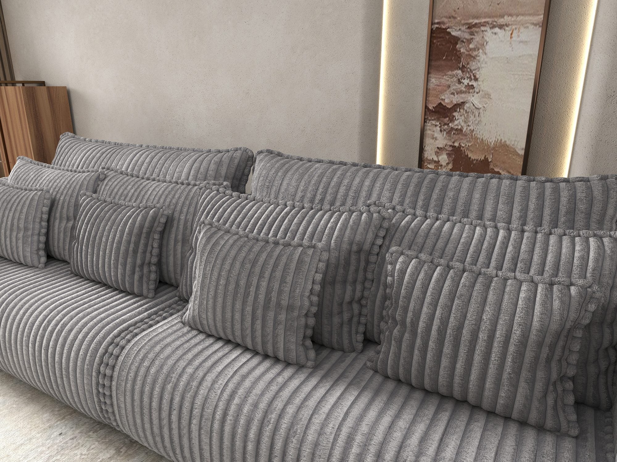 Canapea extensibilă dumonde cu ladă de depozitare si sezut confortabil din spuma high-density, Monaco Tilia Dove 300x130 cm