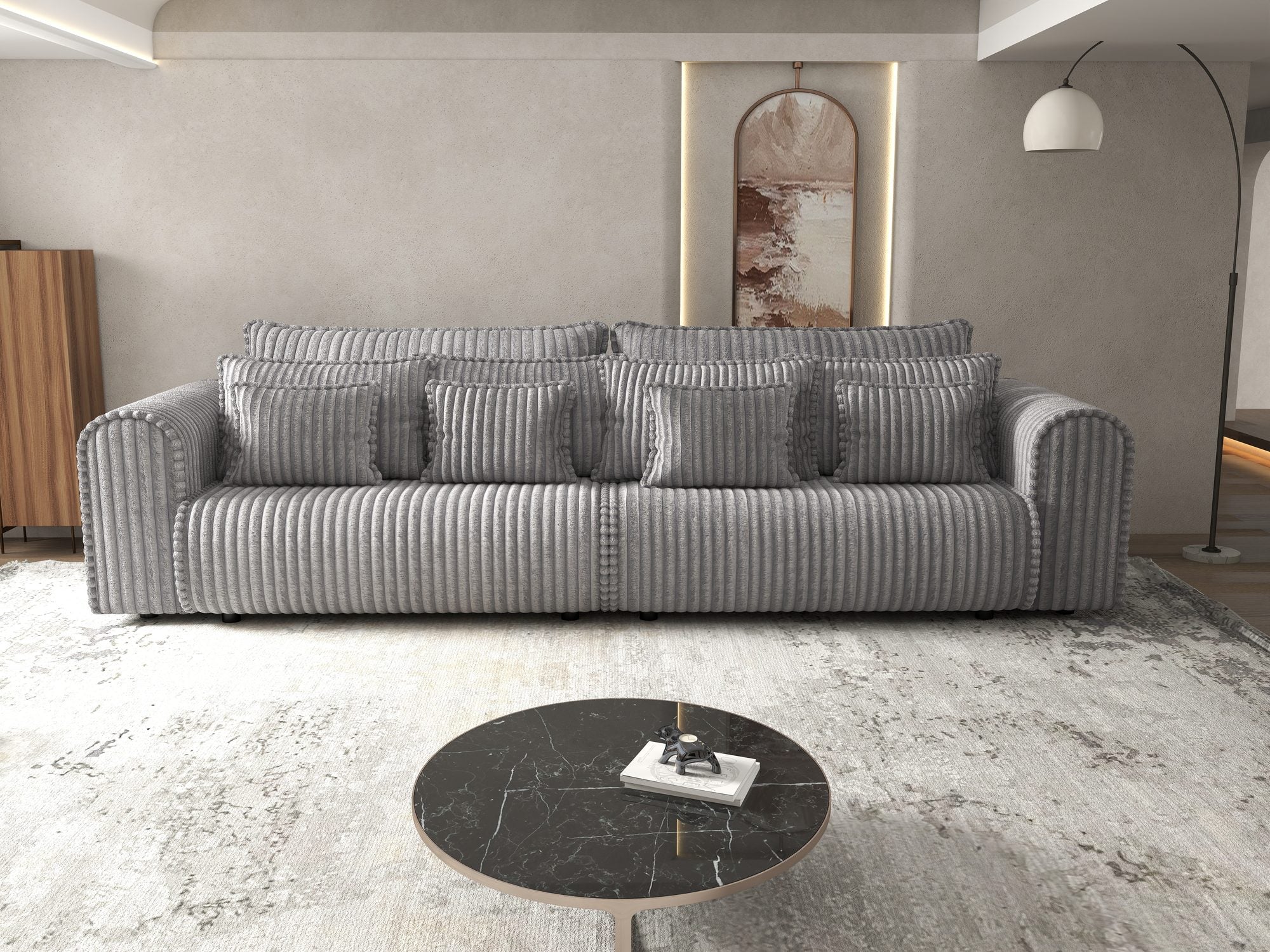 Canapea extensibilă dumonde cu ladă de depozitare si sezut confortabil din spuma high-density, Monaco Tilia Dove 300x130 cm