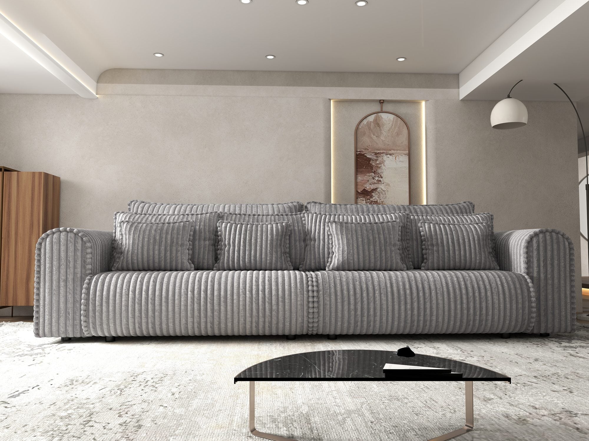 Canapea extensibilă dumonde cu ladă de depozitare si sezut confortabil din spuma high-density, Monaco Tilia Dove 300x130 cm