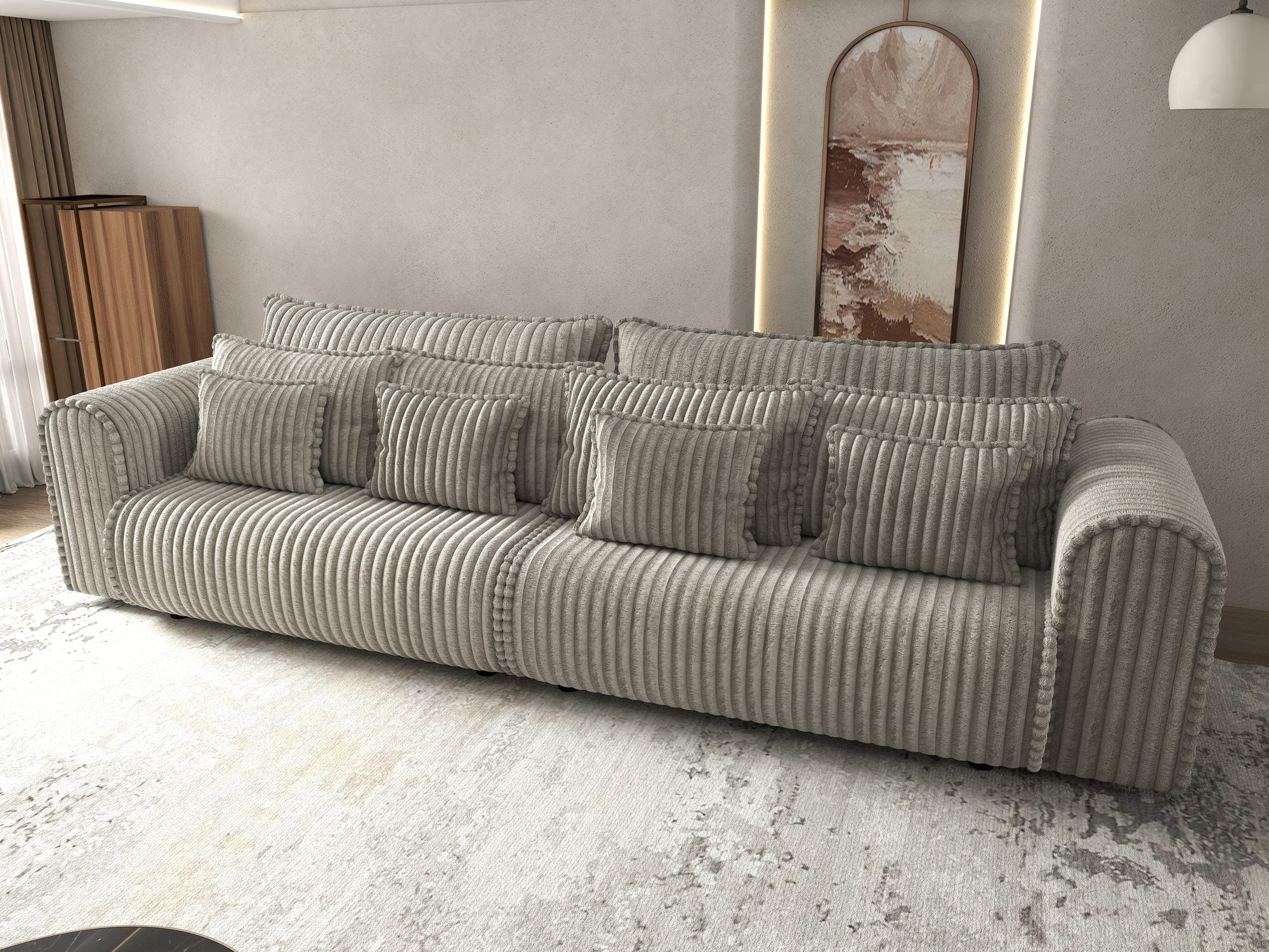 Canapea extensibilă dumonde cu ladă de depozitare si sezut confortabil din spuma high-density, Monaco Tilia Gri-Bej 300x130 cm