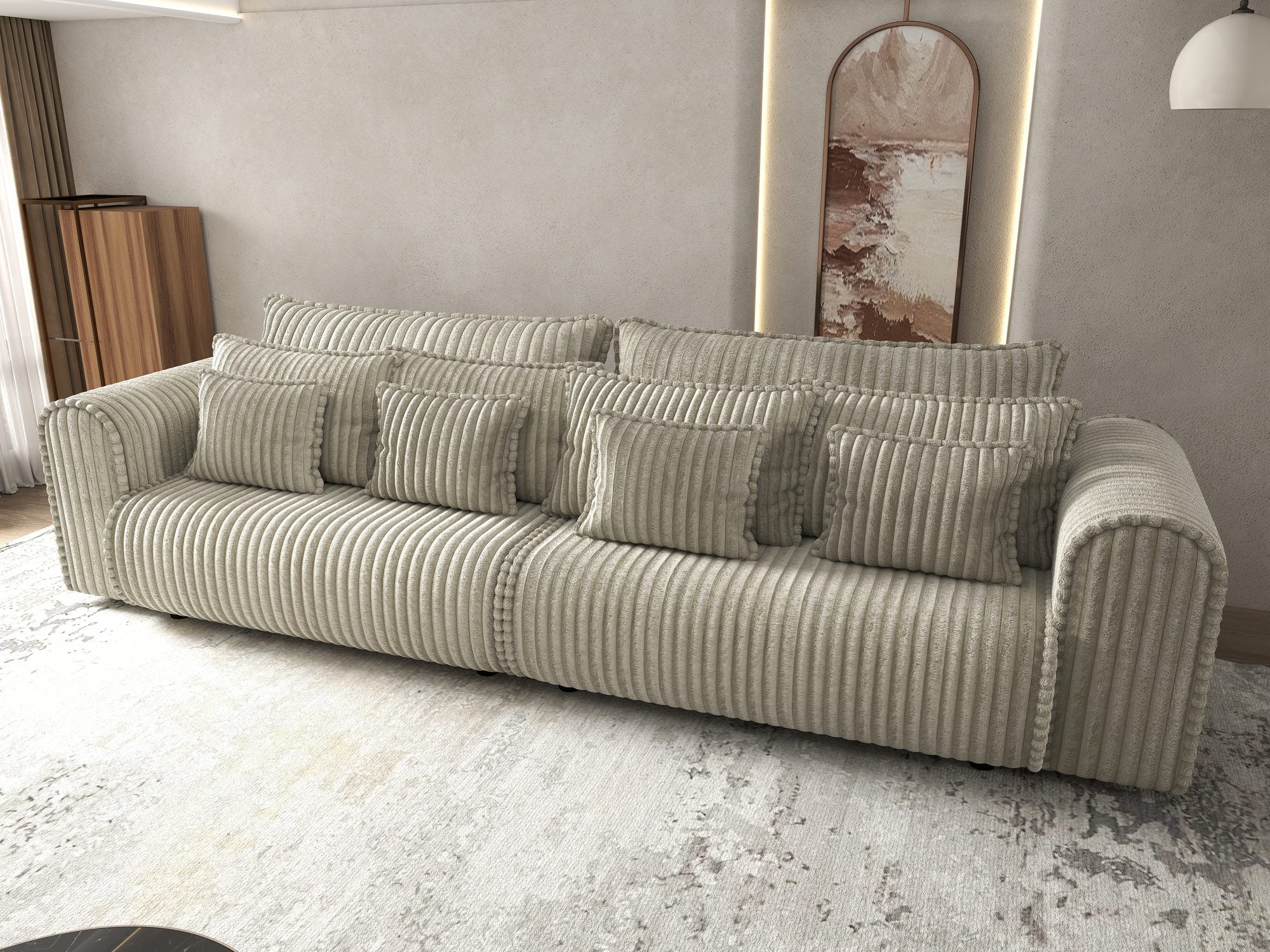 Canapea extensibilă dumonde cu ladă de depozitare si sezut confortabil din spuma high-density, Monaco Tilia Gri-Bej 300x130 cm