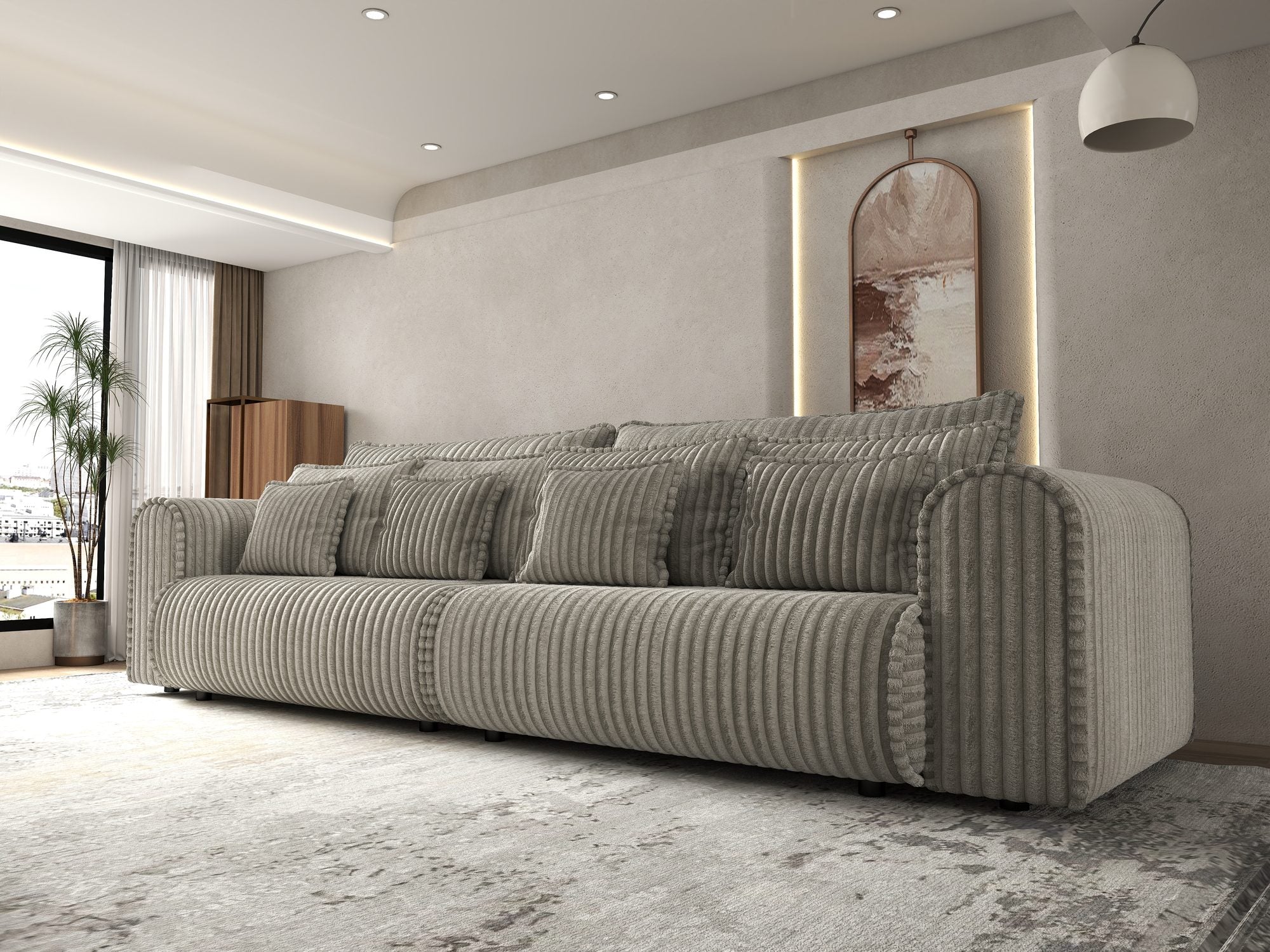 Canapea extensibilă dumonde cu ladă de depozitare si sezut confortabil din spuma high-density, Monaco Tilia Gri-Bej 300x130 cm